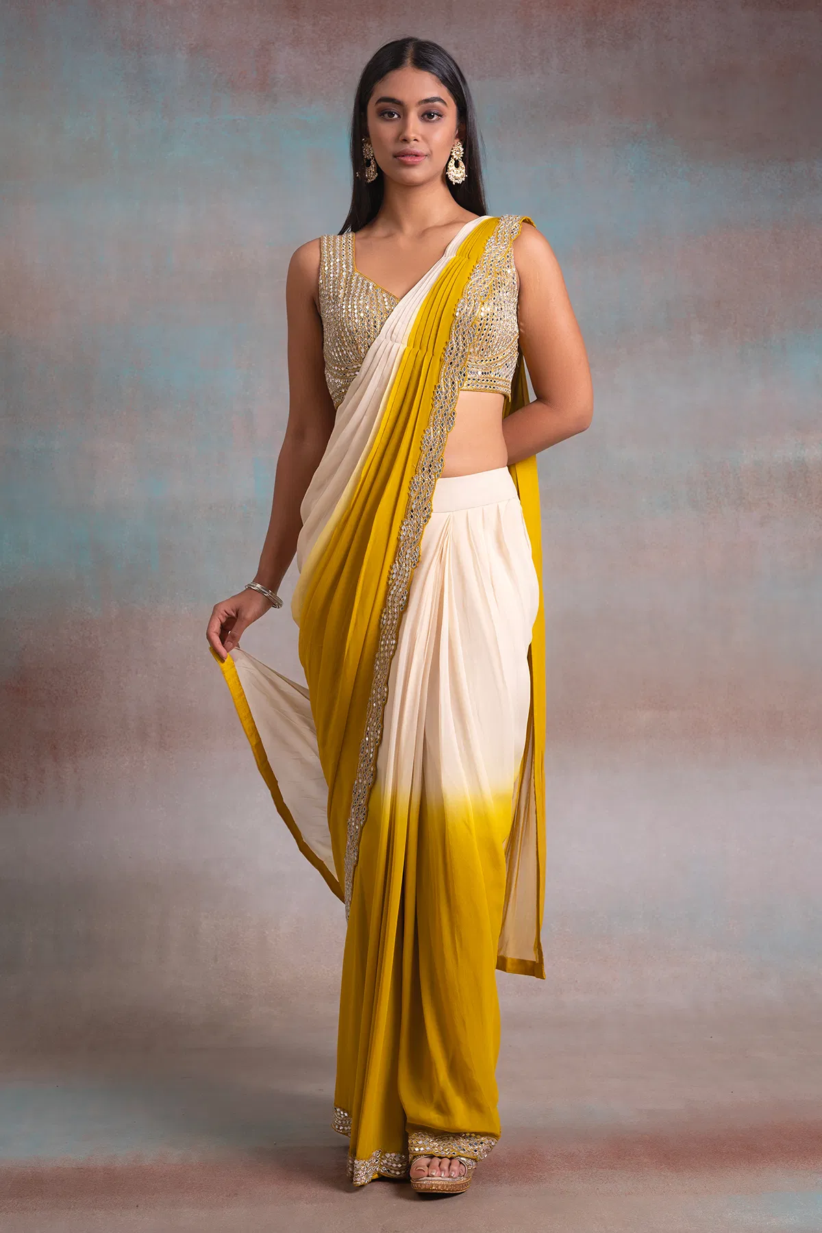 Cream and Yellow Drape Saree