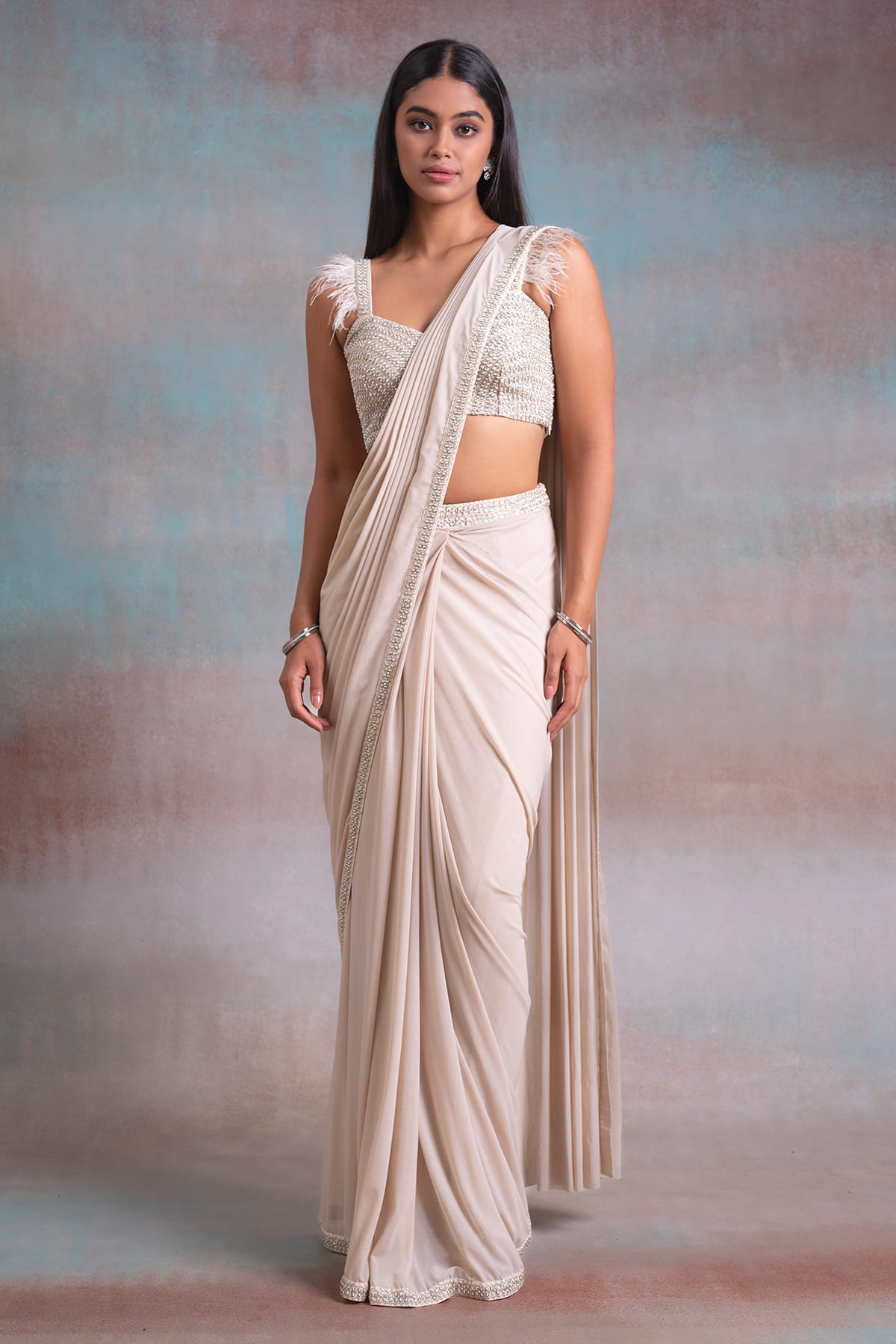 Cream Designer Drape Saree