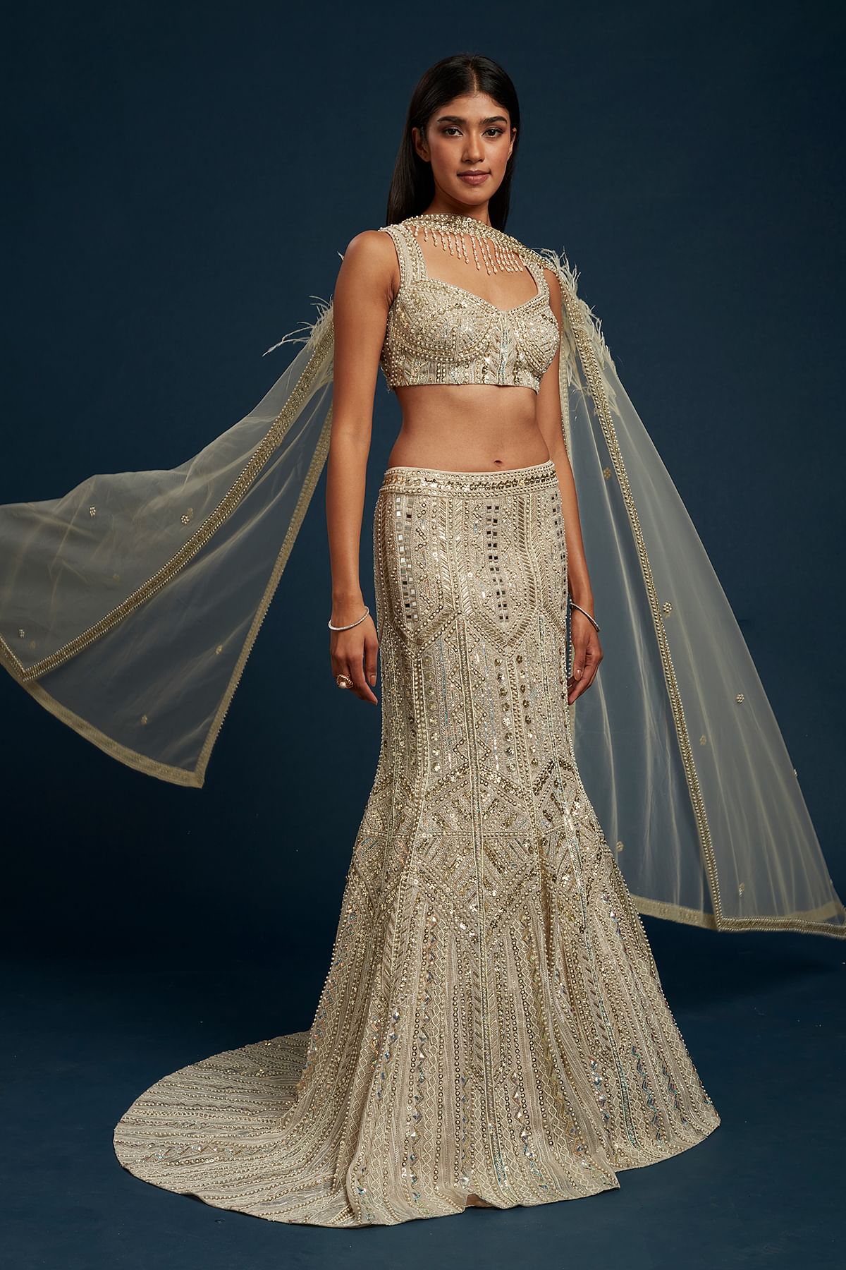 Cream Mermaid Style Net Designer Lehenga with Pentagon Neck Blouse GG1159