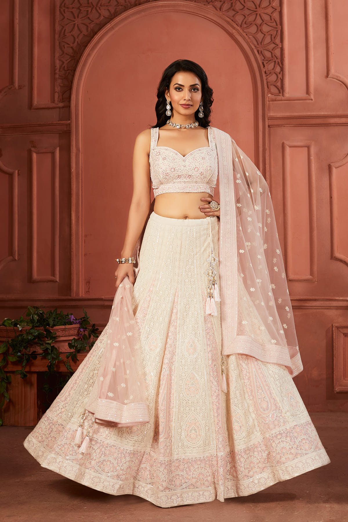 Cream & Pink Kali Style Sangeet Lehenga With Resham Embroidery and Pentagon Neck Blouse