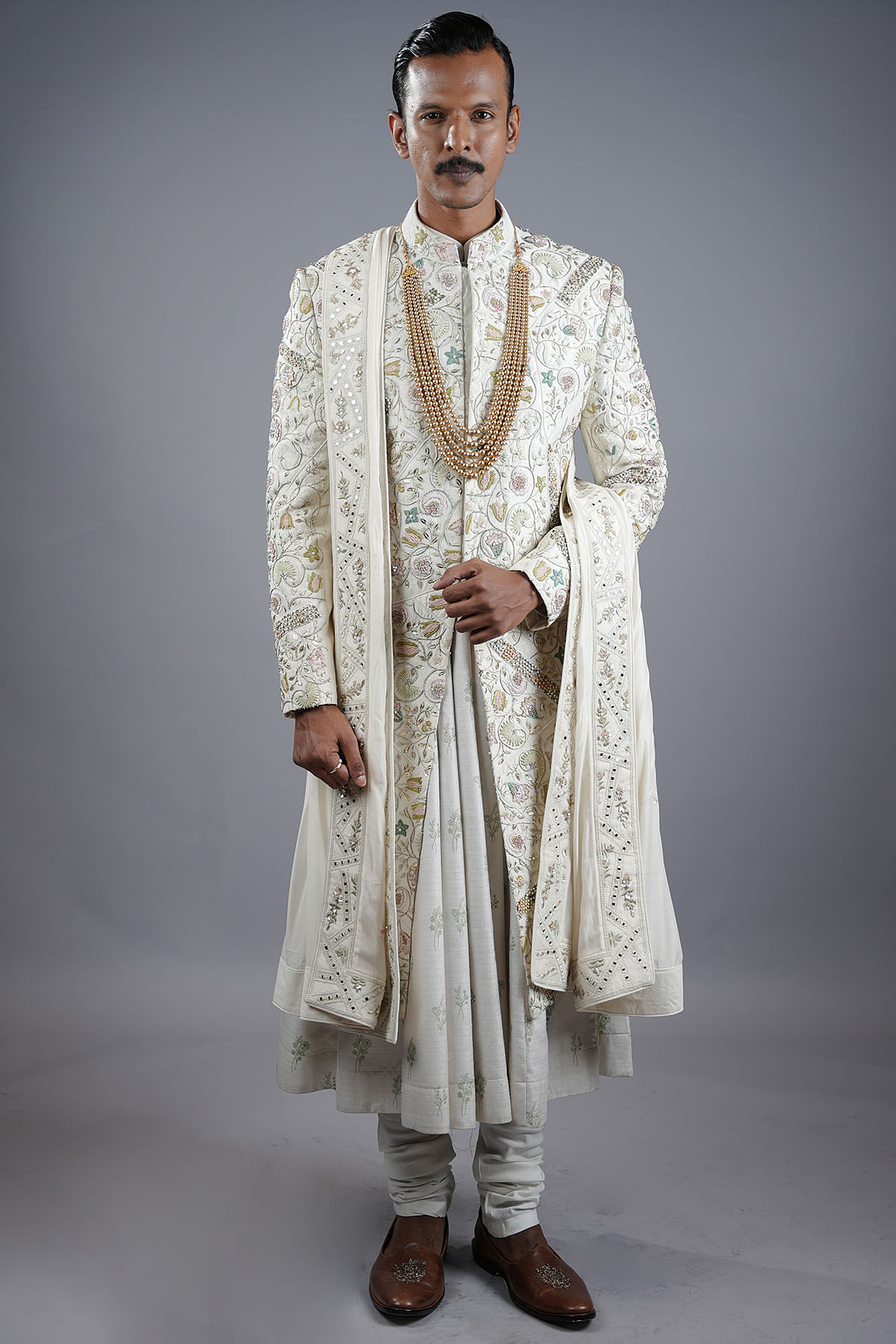 Cream Resham Embroidered Raw Silk Wedding Sherwani Online at Samyakk