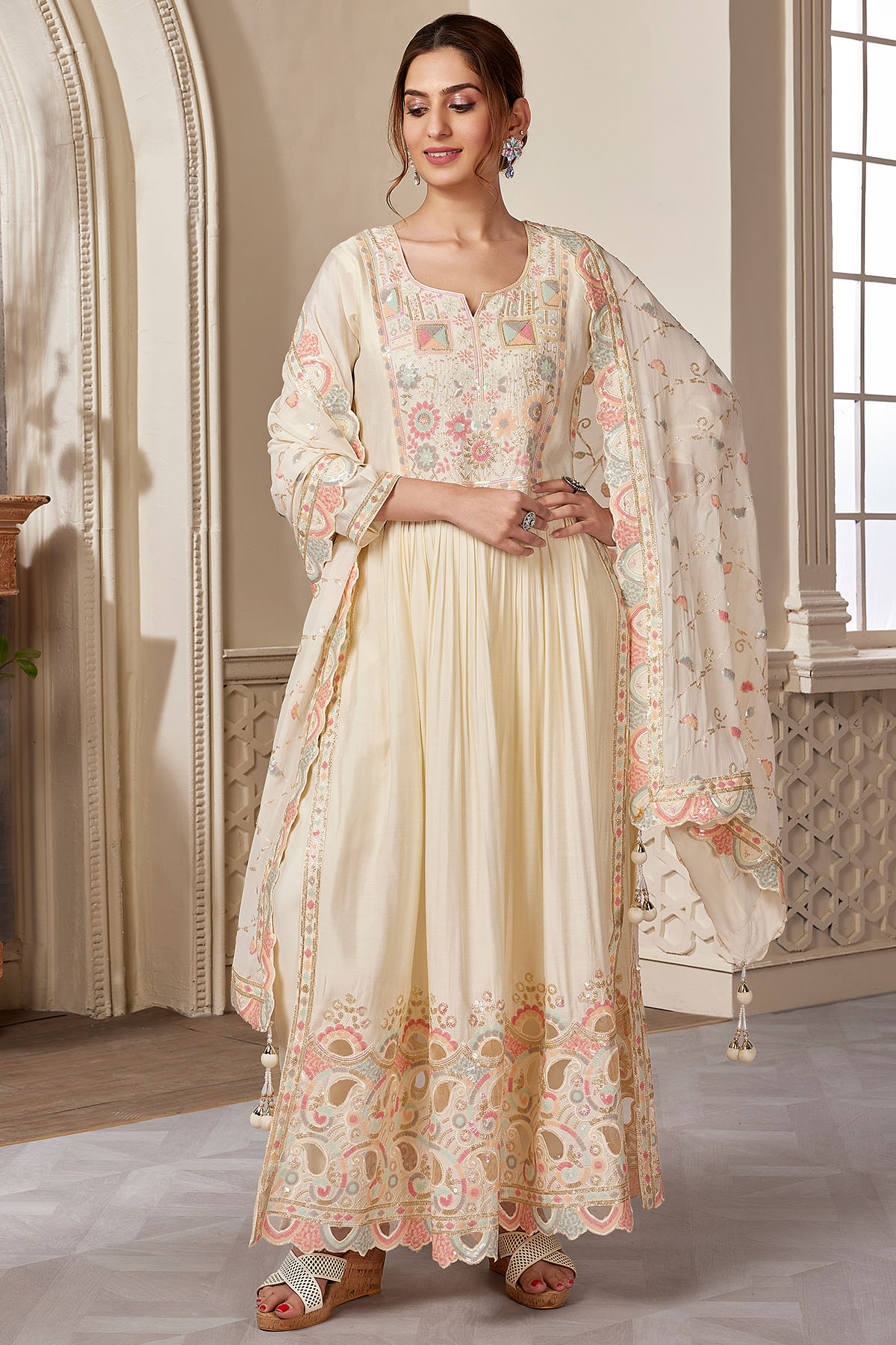 Buy Cream Sequins Embroidered Silk Party Wear Salwar Kameez Online at Samyakk