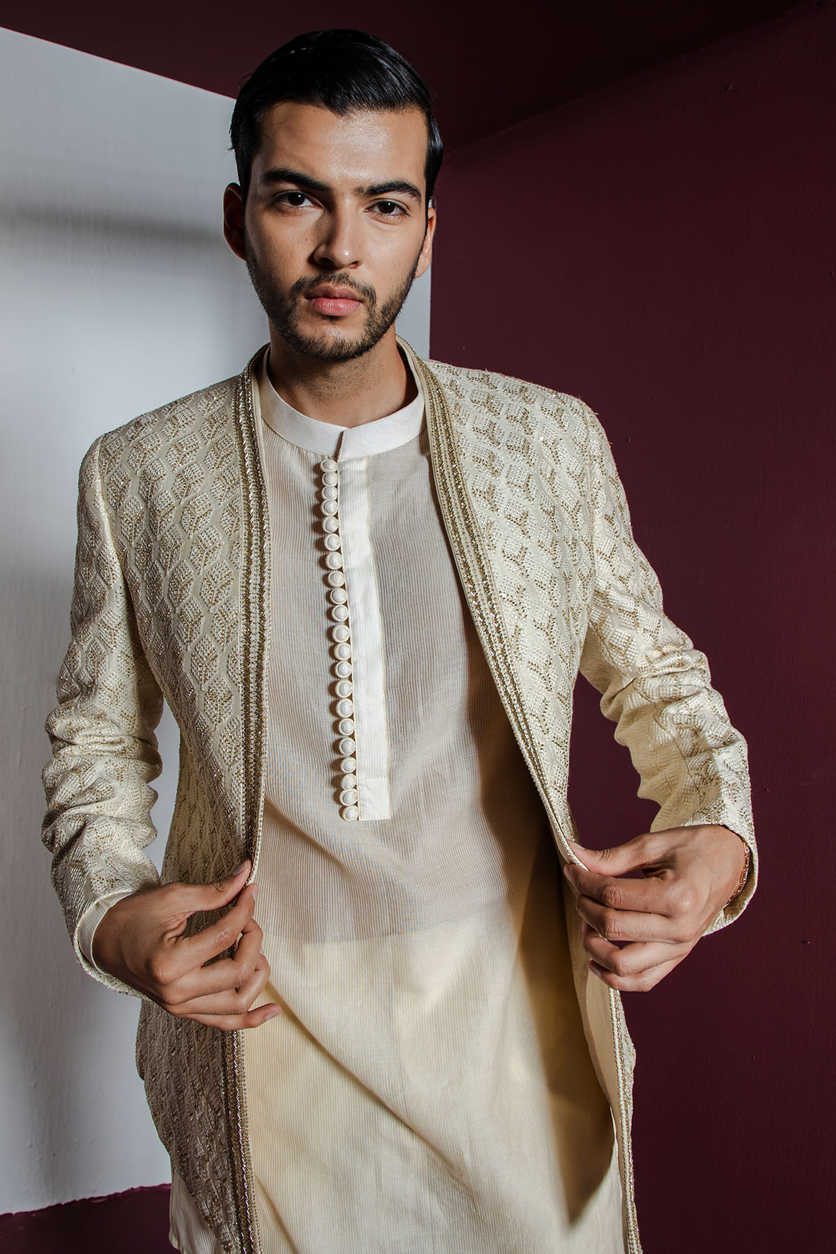 Cream Stone Embroidered Silk Jodhpuri Suit with Straight Cut Pant-ST1610