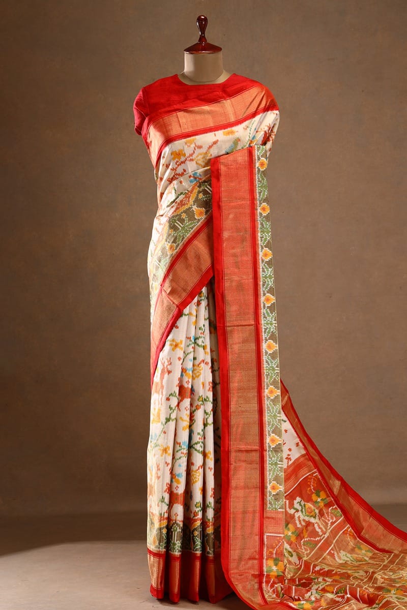 Cream Ikkat Silk Saree