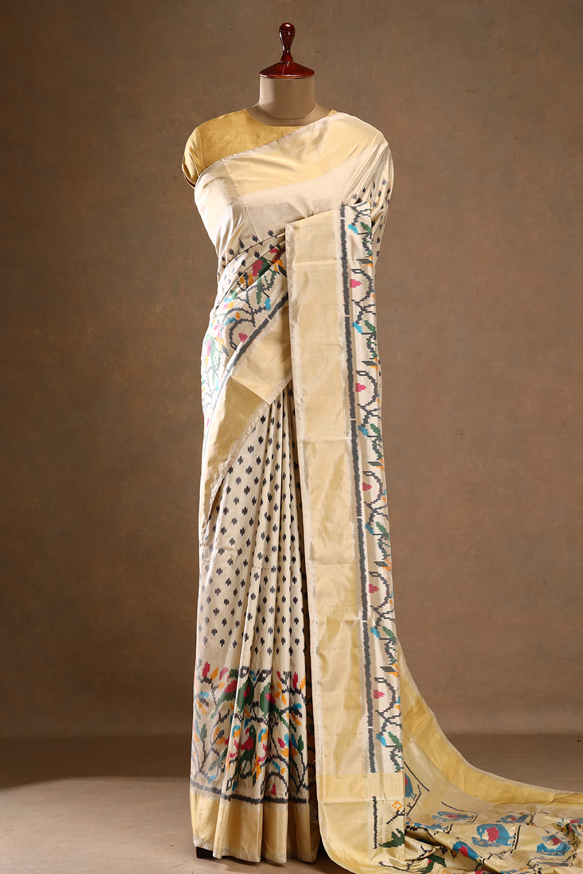 Cream Ikkat Silk Saree