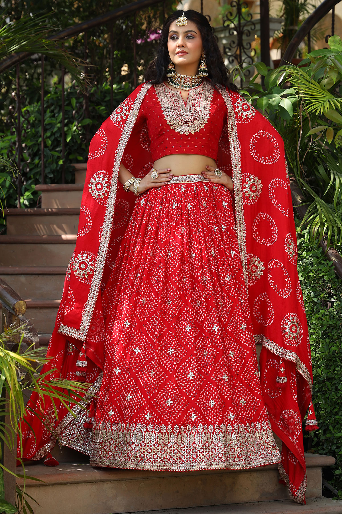 Buy Crimson Red Bandhani Printed Gajji Silk Bridal Lehenga Online at Samyakk