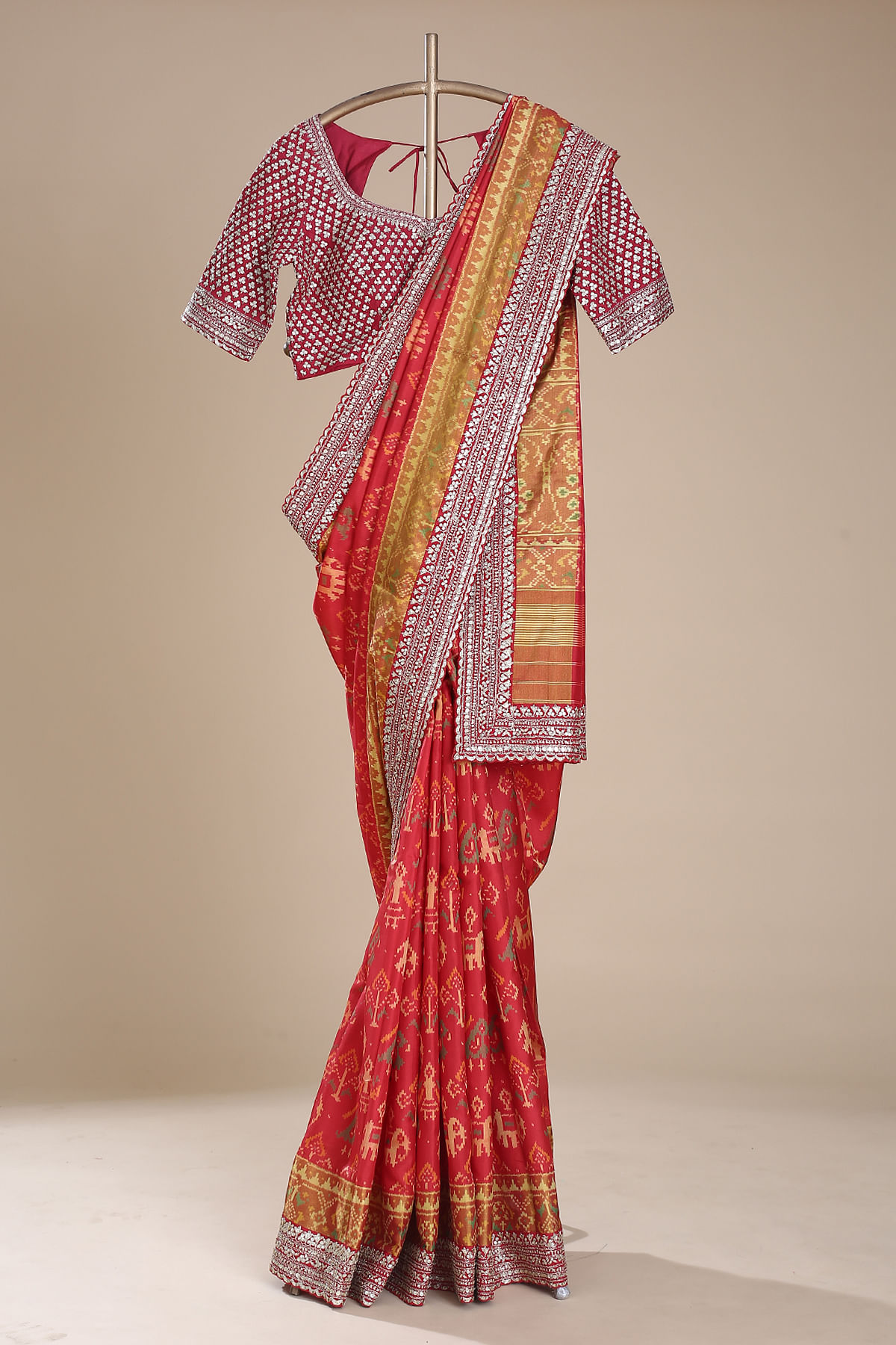 Red Embroidered Ikkat Silk Saree