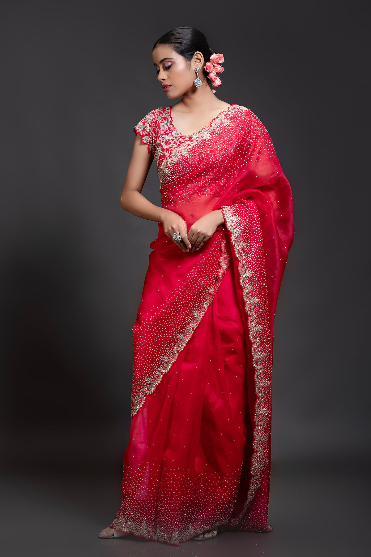 Buy Crimson Red Sequins Embroidered Organza Saree Online at Samyakk