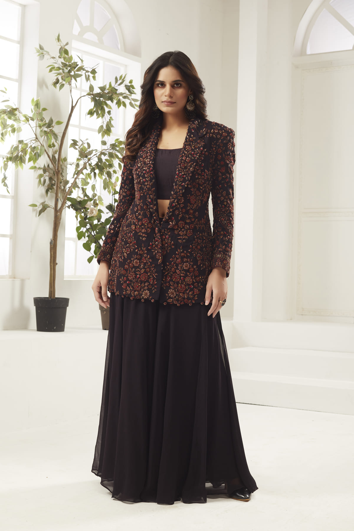 Purple Chinnon Resham & Sequins Embroidered Palazzo Suit