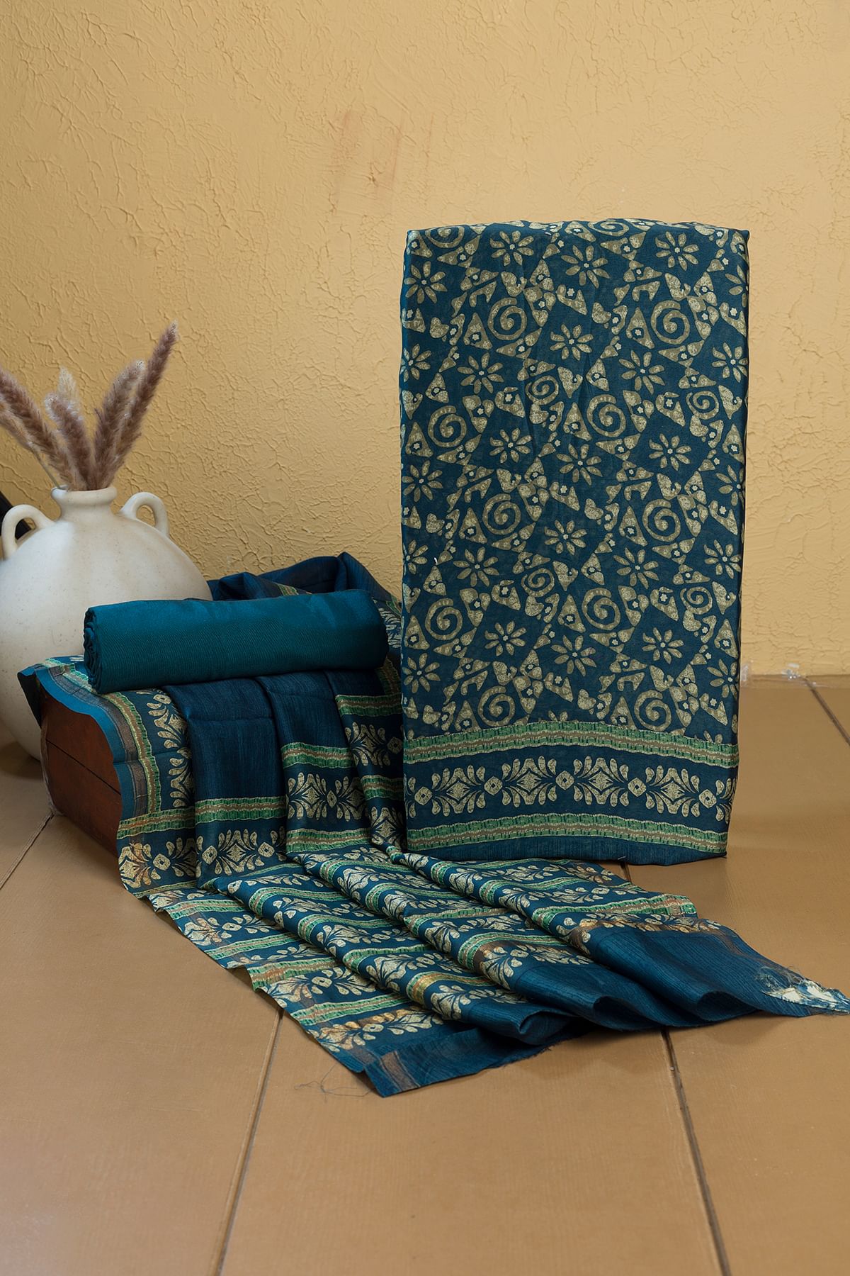 Buy Dark Denim Blue Printed Silk Unstitched Salwar Kameez Online Samyakk