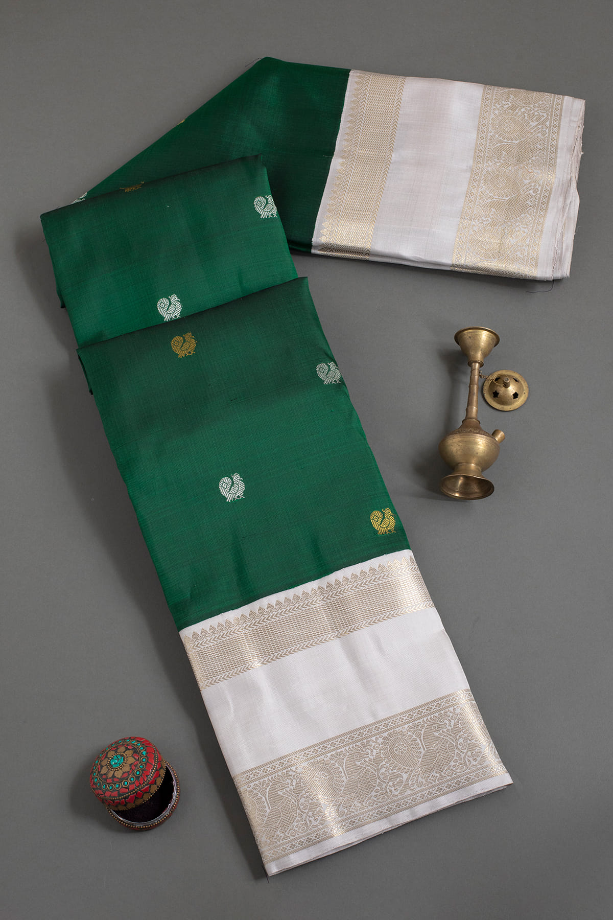 Green Kubera Pattu Silk Saree with Peacock Motif and Big Zari Border, Semi Silk