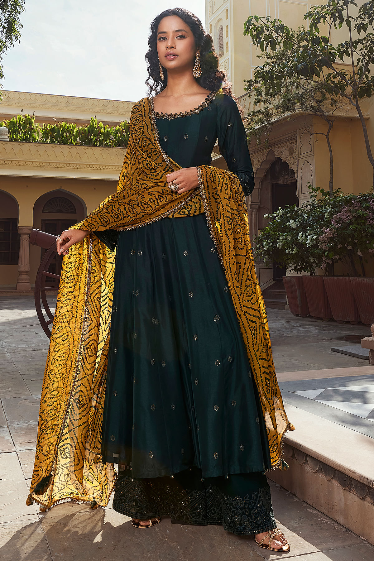 Buy Dark Green Sequins Embroidered Crepe Anarkali Salwar Online at Samyakk