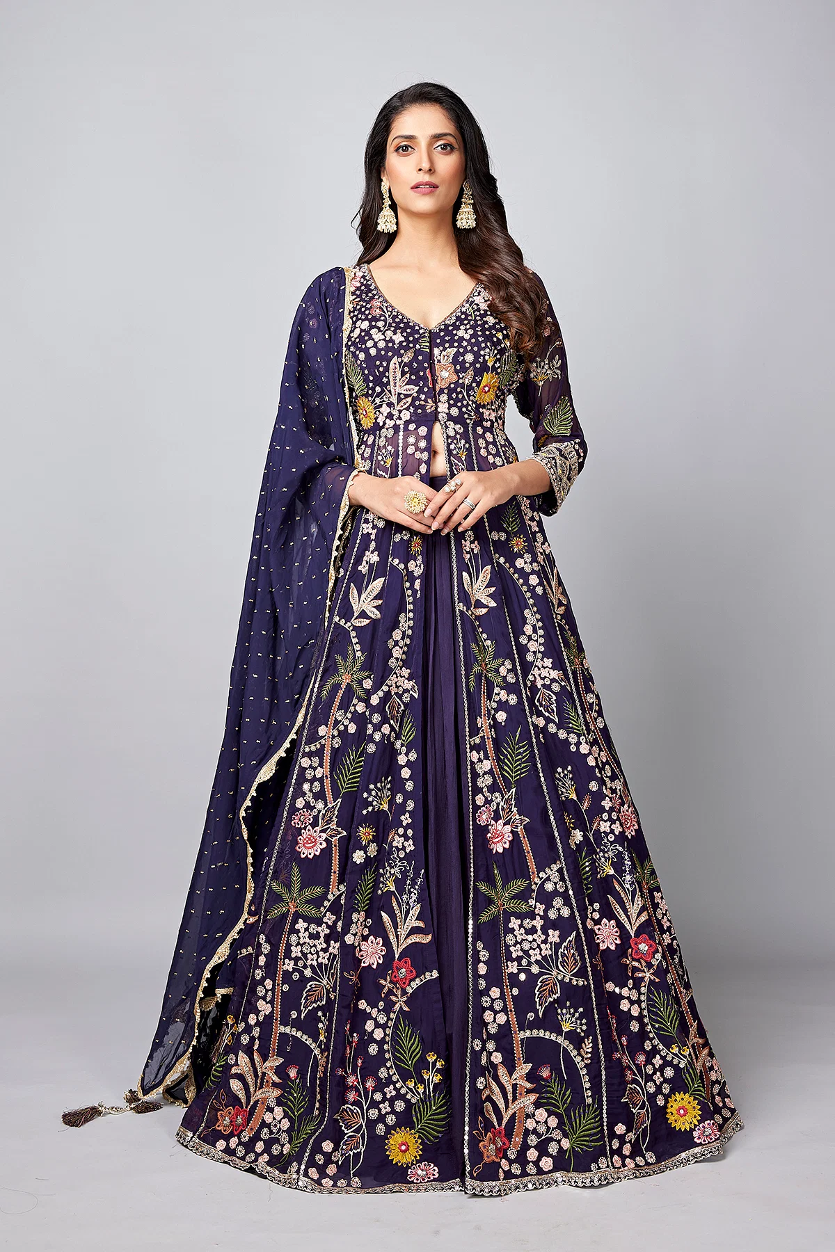 Buy Dark Navy Blue Organza Resham Work Indowestern Lehenga With Heavy Embroidered Jacket Online Samyakk