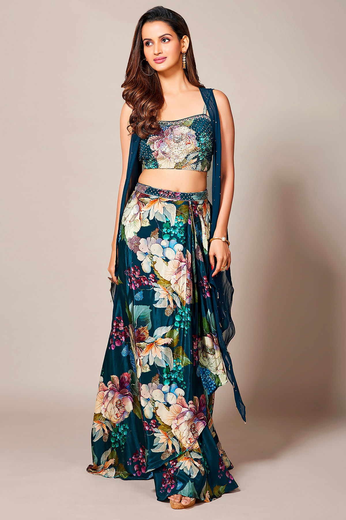 Buy Dark Peacock Blue Floral Printed Crepe Crop Top Suit Online at Samyakk