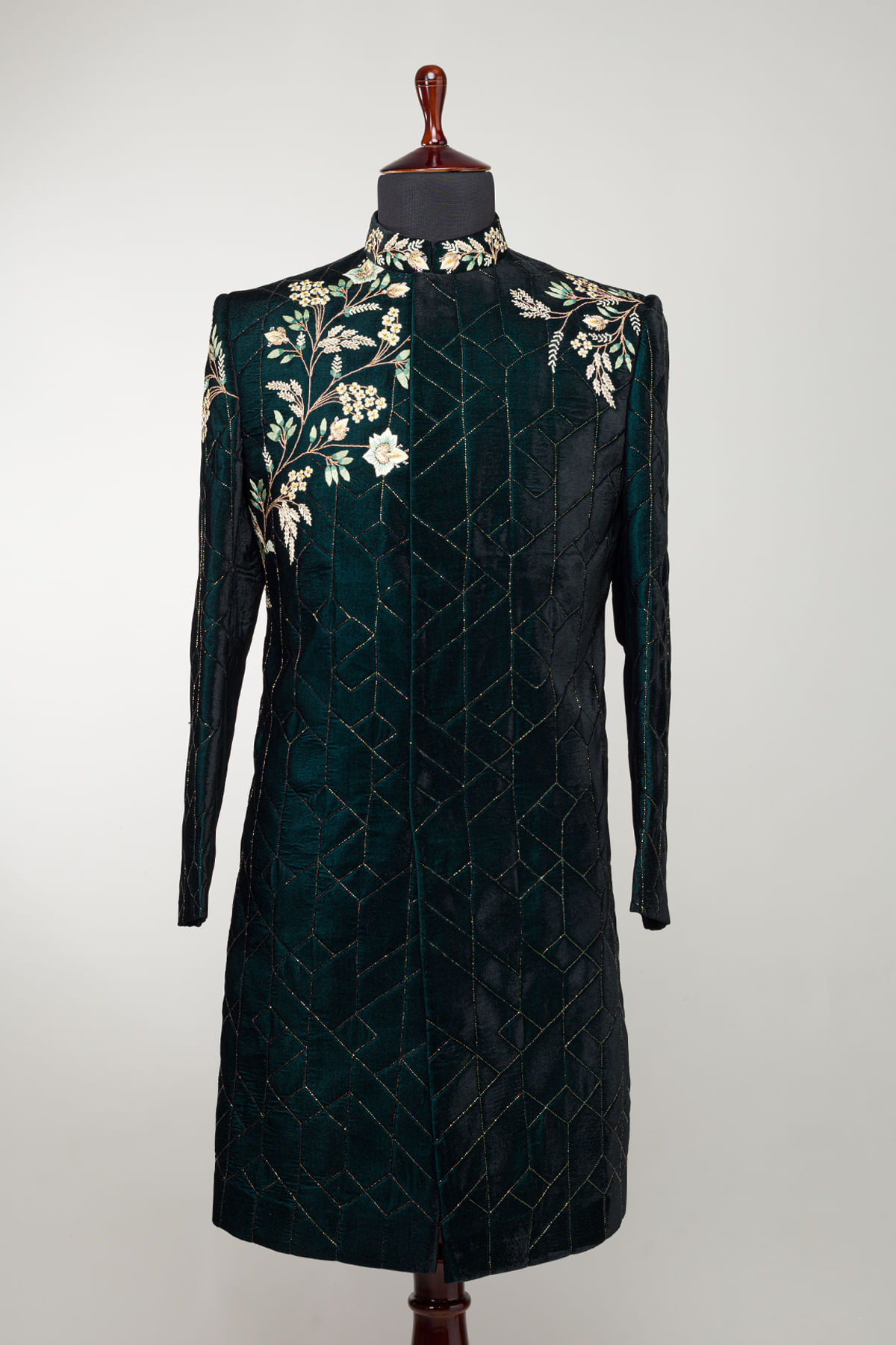 Dark Peacock Green Thread Embroidered Suede IndoWestern Sherwani-NC2540