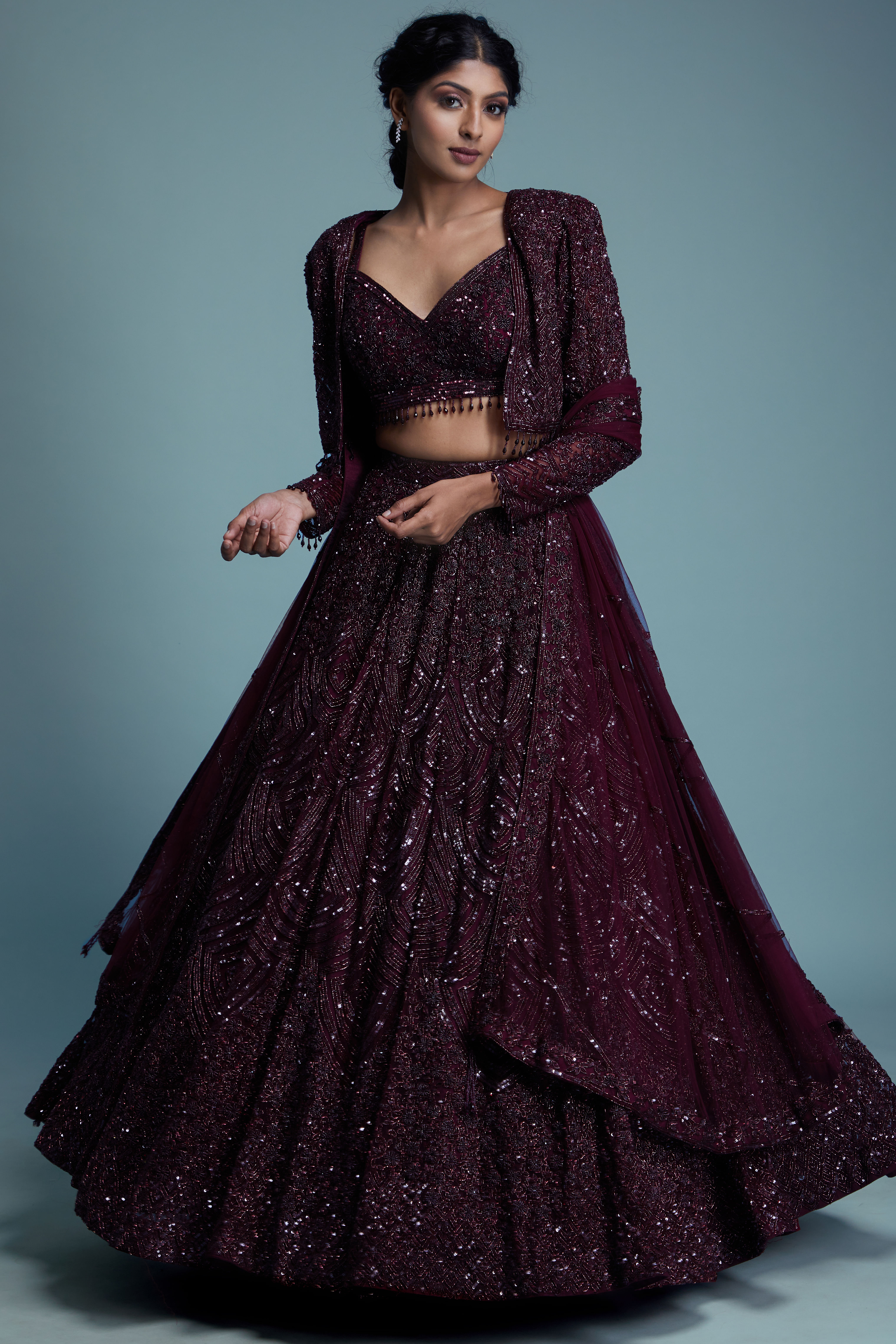 Buy Dark Plum Purple Sequins Embroidered Net Bridal Lehenga Online at Samyakk