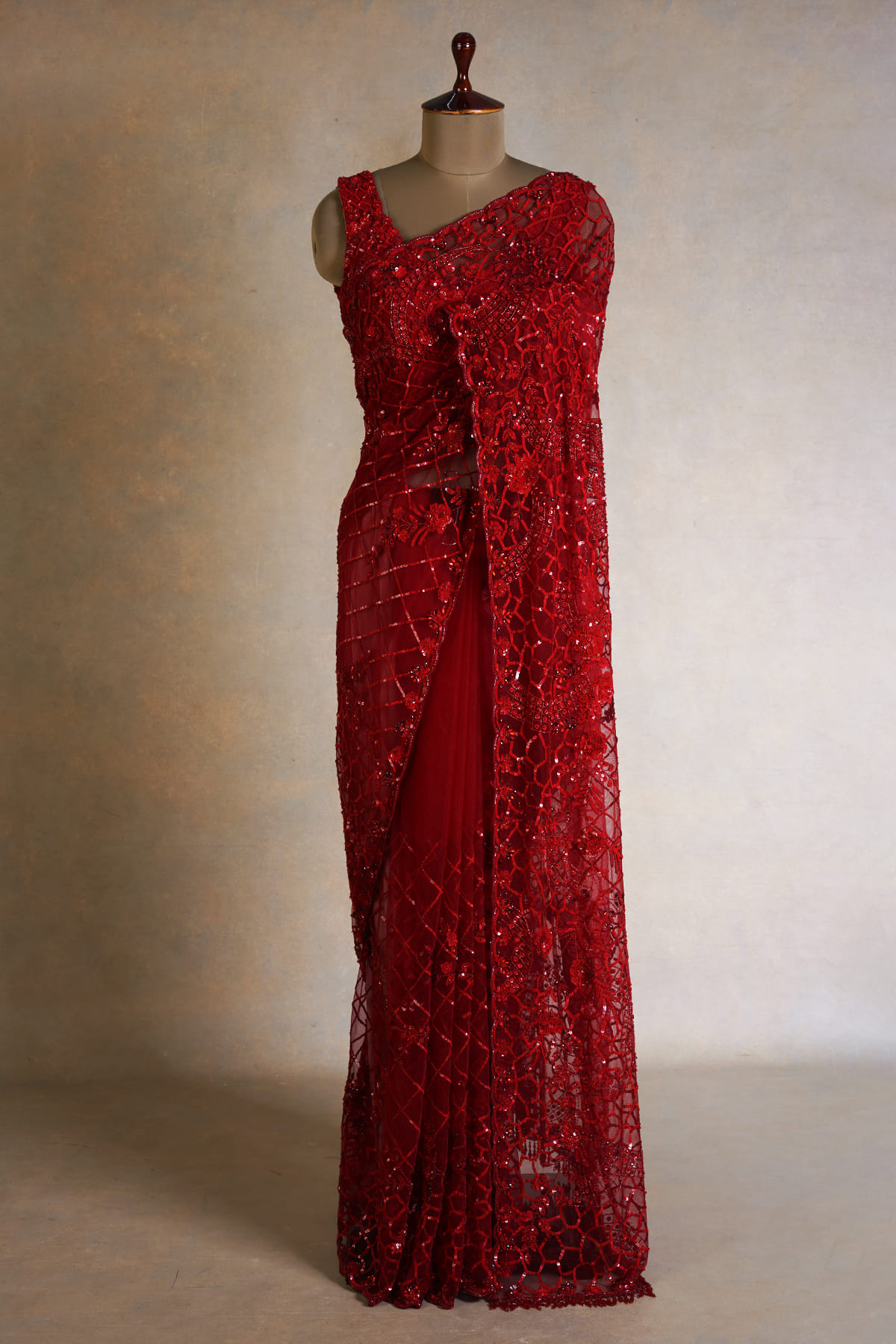 Women's Net Red Embellished Designer Saree With Blouse Piece