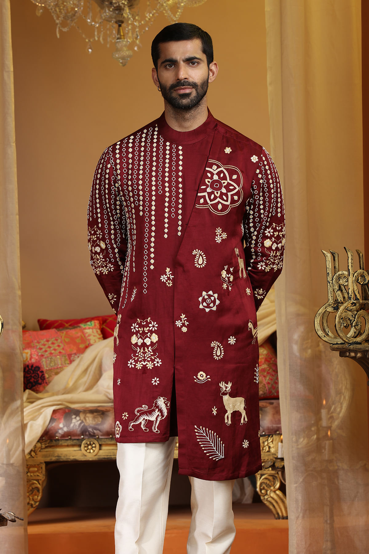 Dark Red Resham and Zari Embroidered Silk Kurta-KR1130