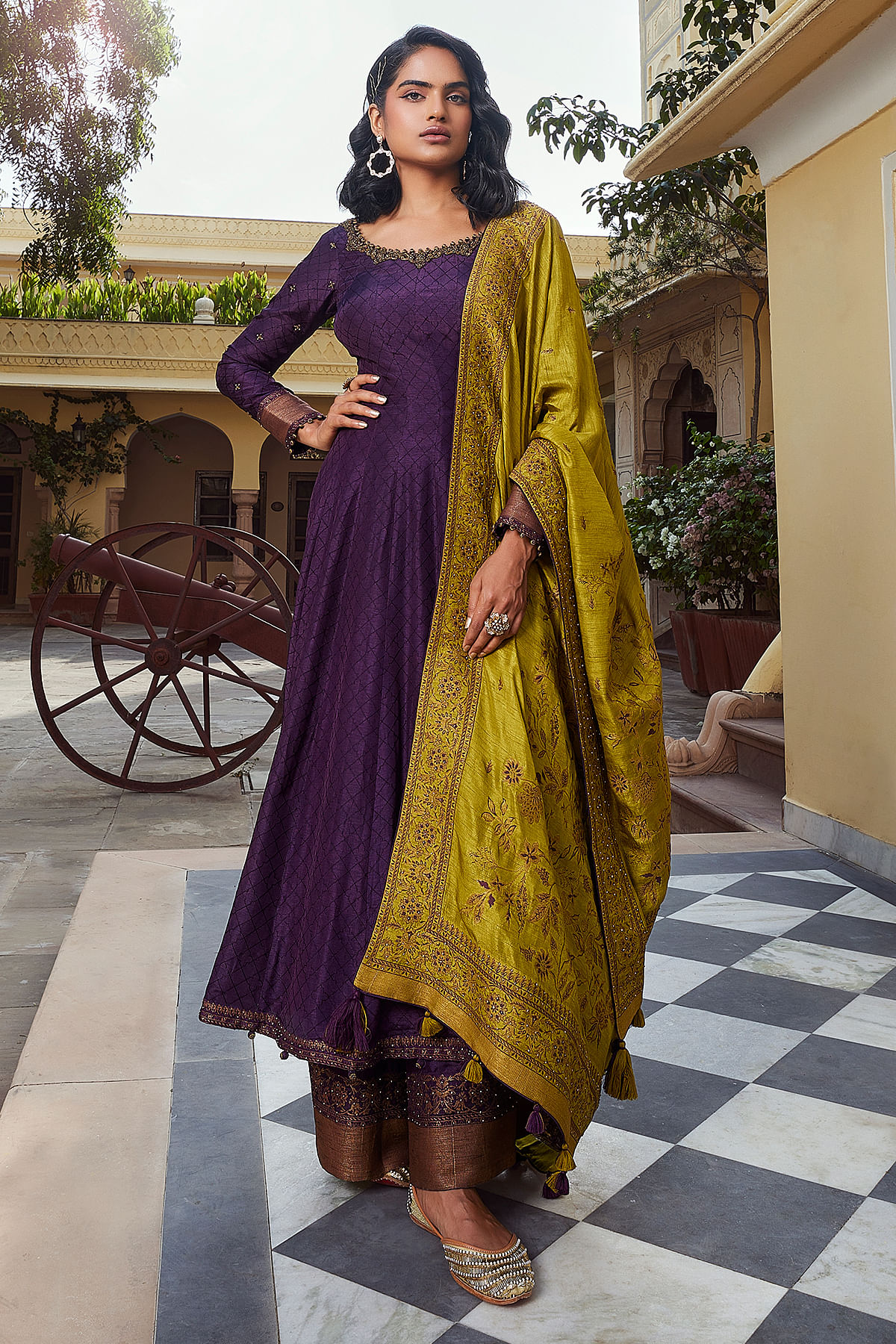 Deep Purple Bead Embroidered Silk Anarkali Salwar Online at Samyakk