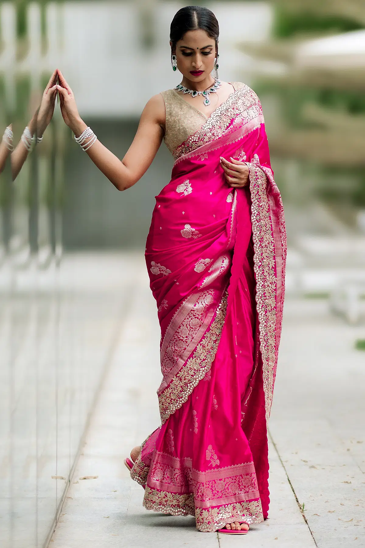 Buy Deepti Mohan Shines in Samyakk's Magenta Pink Zari Woven Satin Silk ...