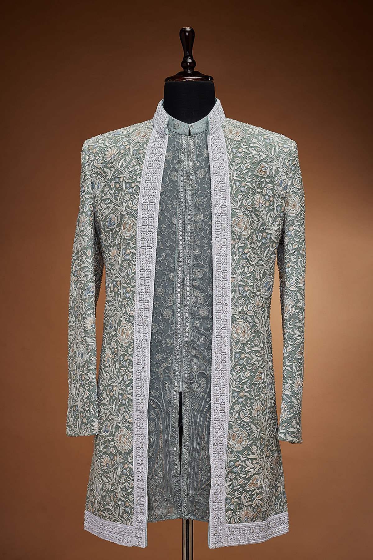 Dusty Blue Georgette Indowestern Sherwani with Straight Cut Style and Mandarin Collar-GH6955