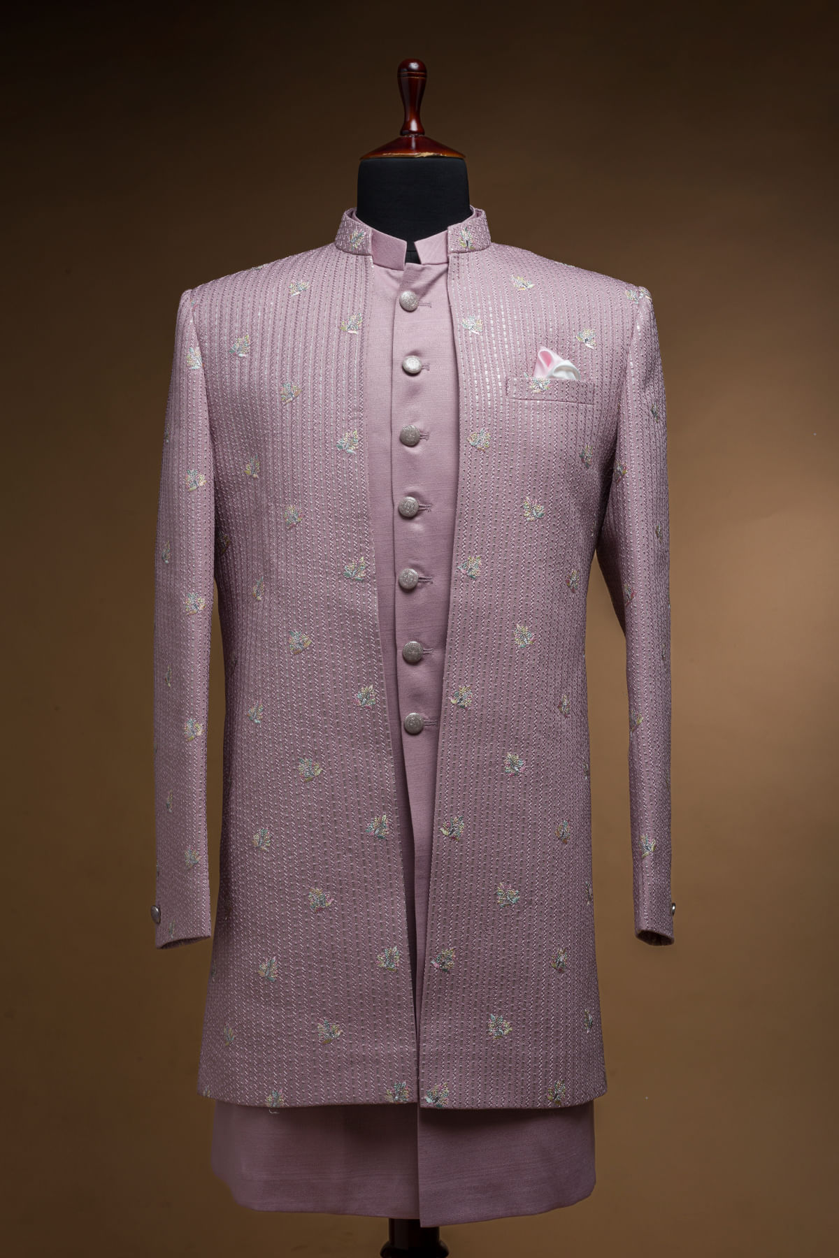 Dusty Lavender Silk Jodhpuri Suit with Straight Cut Kurta and Mandarin Collar-GG3089