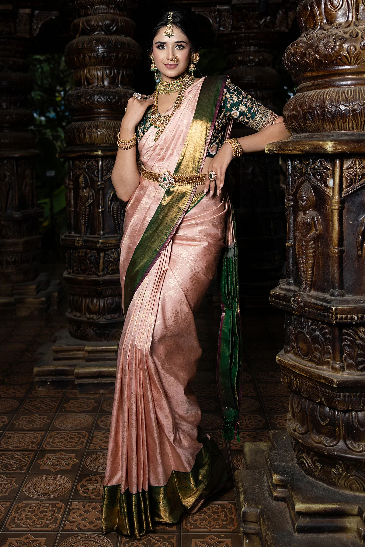 Dusty Pink Zari Woven Kanchipuram Silk Saree With Unstitched Blouse-SR27722