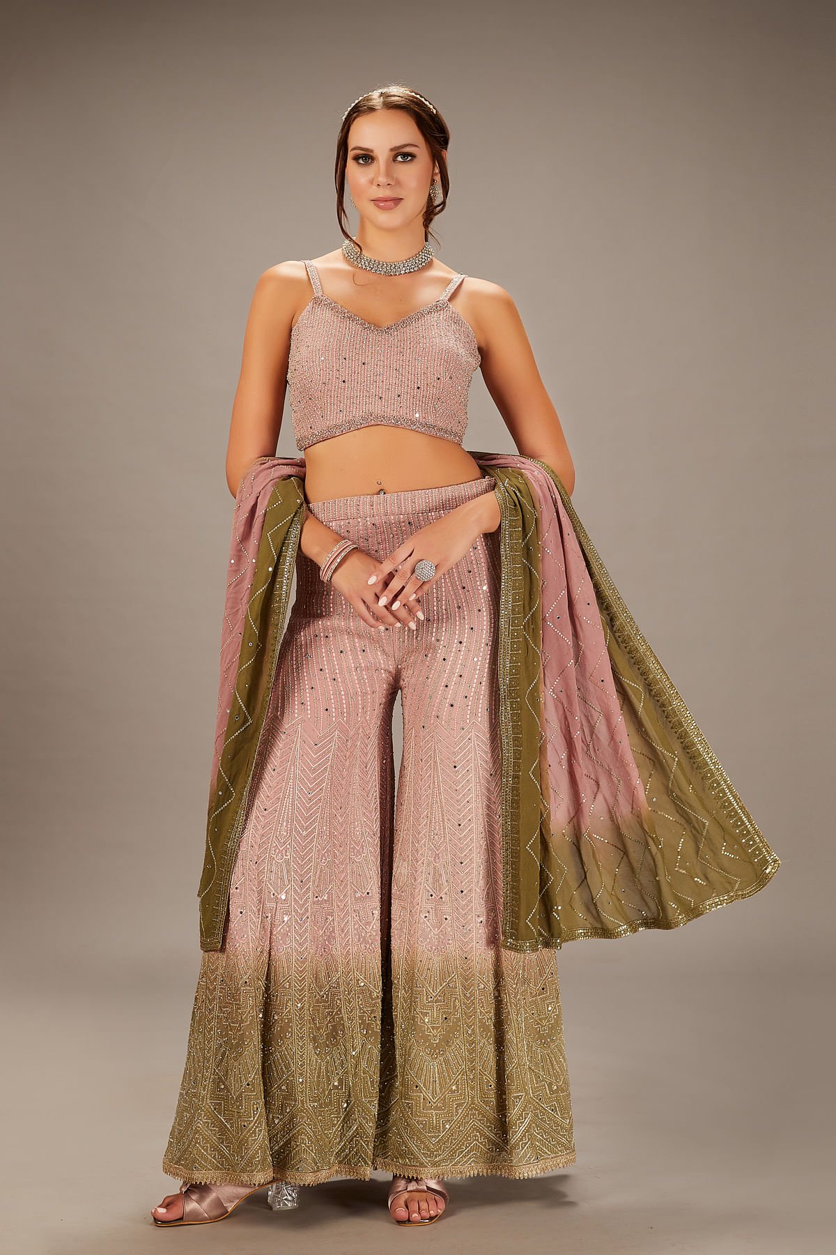 Buy Dusty Rose Pink Georgette Crop Top Suit With Stone Work And Palazzo Pant Online at Samyakk