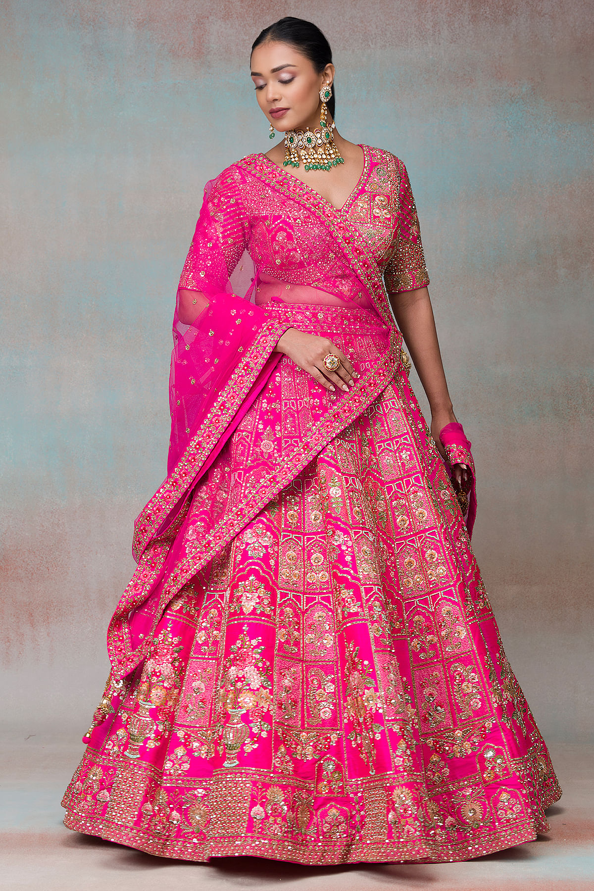 Buy Electric Pink Sequins Embroidered Raw Silk Bridal Lehenga Online at Samyakk