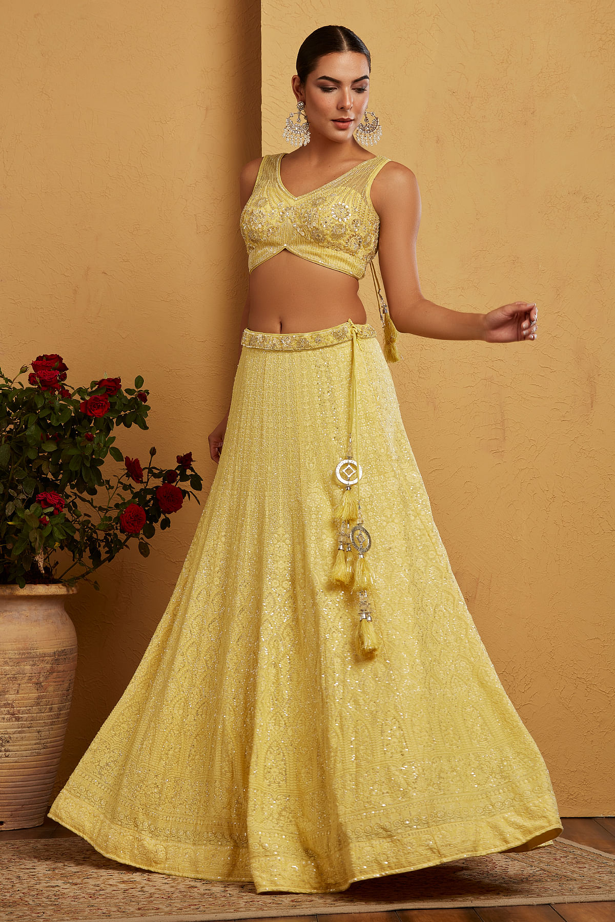 Sunshine Yellow Sequins Embroidered Georgette Party Wear Lehenga