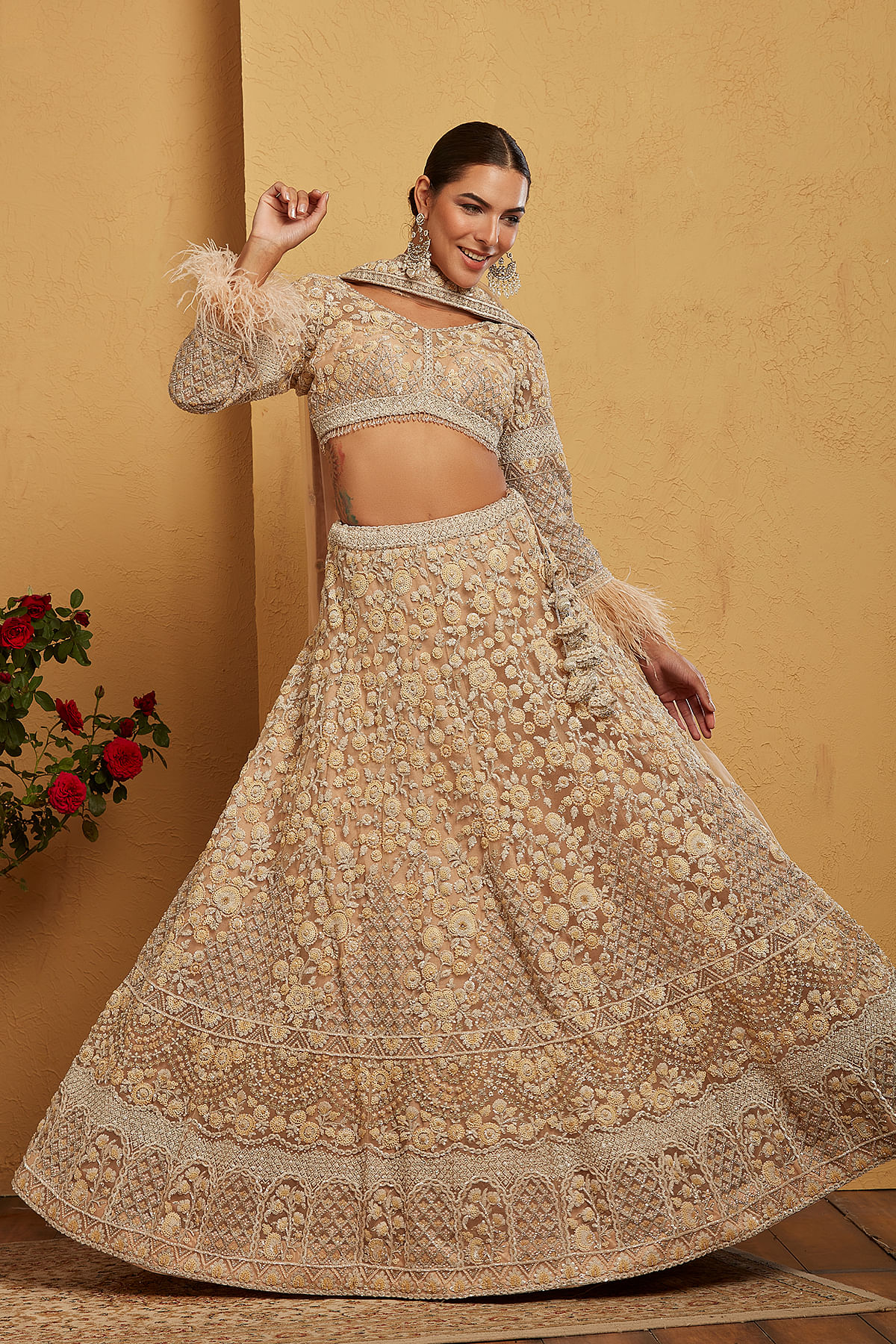 Autumn Blonde Cream Sequins Embroidered Net Bridesmaids Lehenga