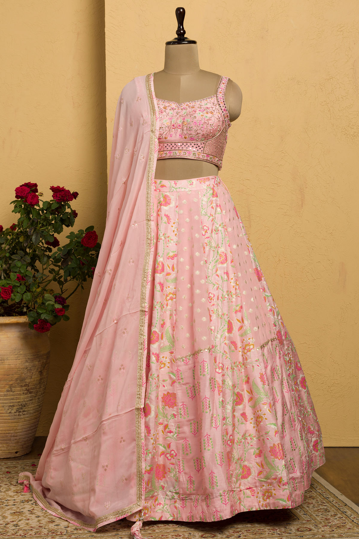 Buy Pastel Pink Floral Printed Silk Mehendi Lehenga Online at Samyakk