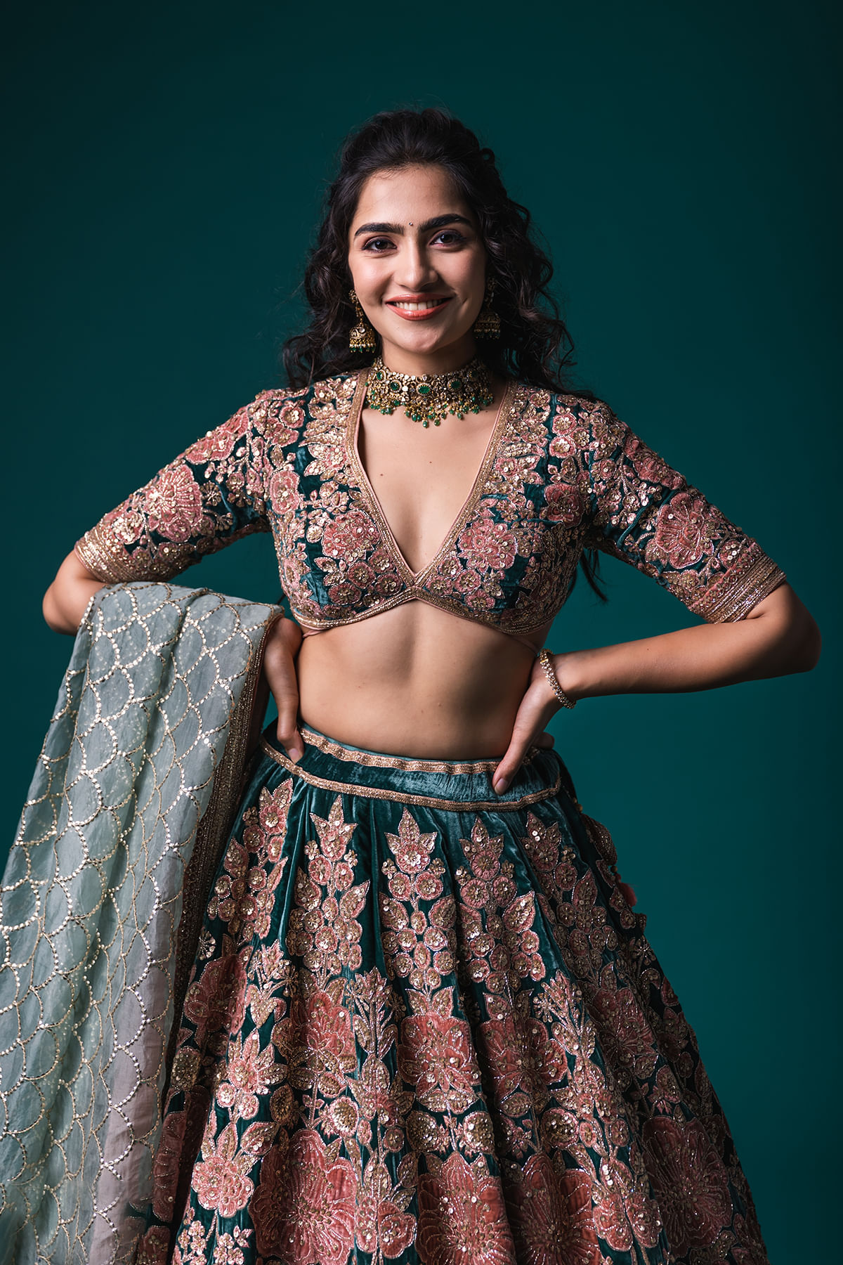 Buy Deep Teal Applique Embroidered Velvet Wedding Lehenga Online at Samyakk