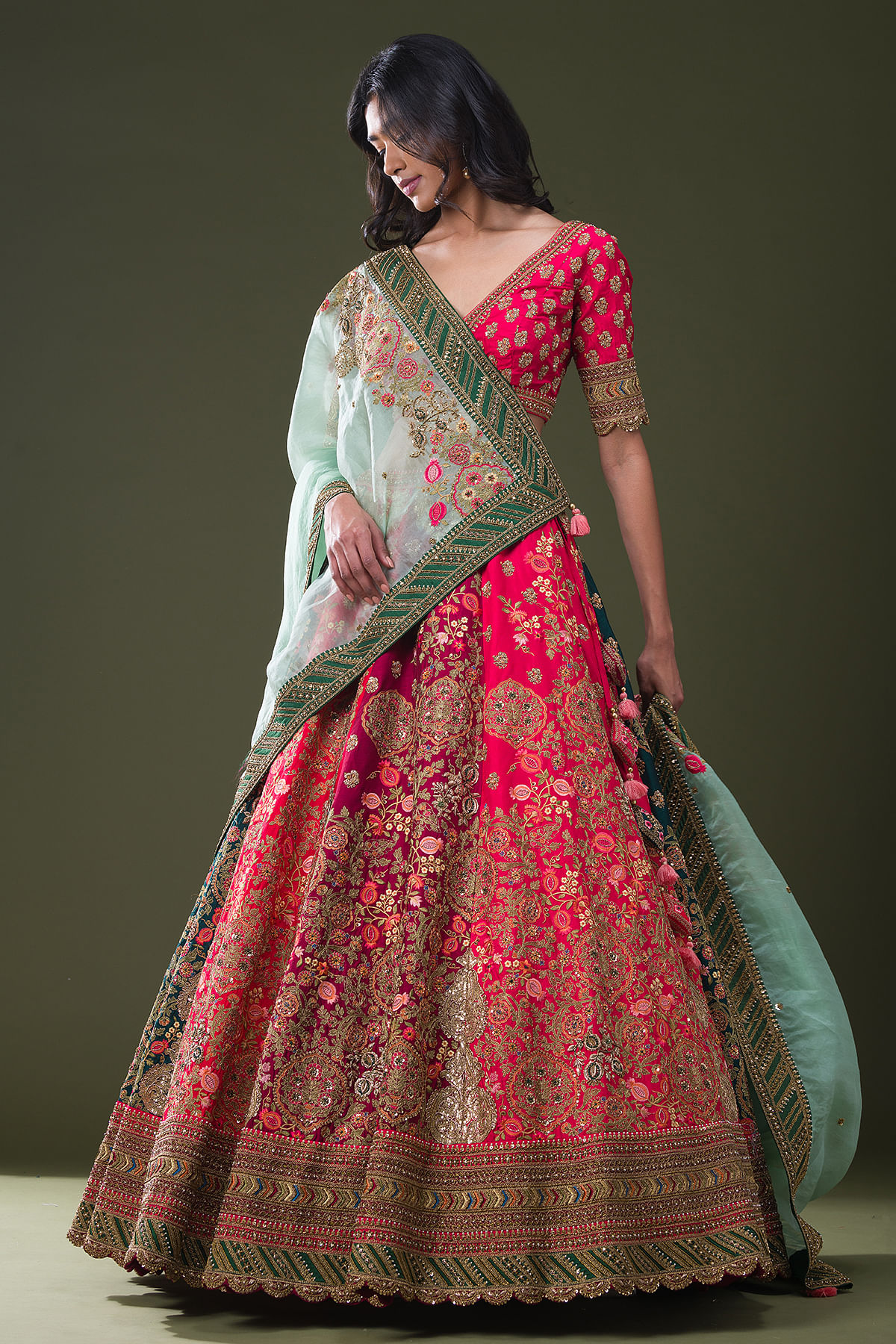 Buy Green Chanderi And Organza Embroidery Floral Corsage Bridal Lehenga Set  For Women by Varun Bahl Online at Aza Fashions.