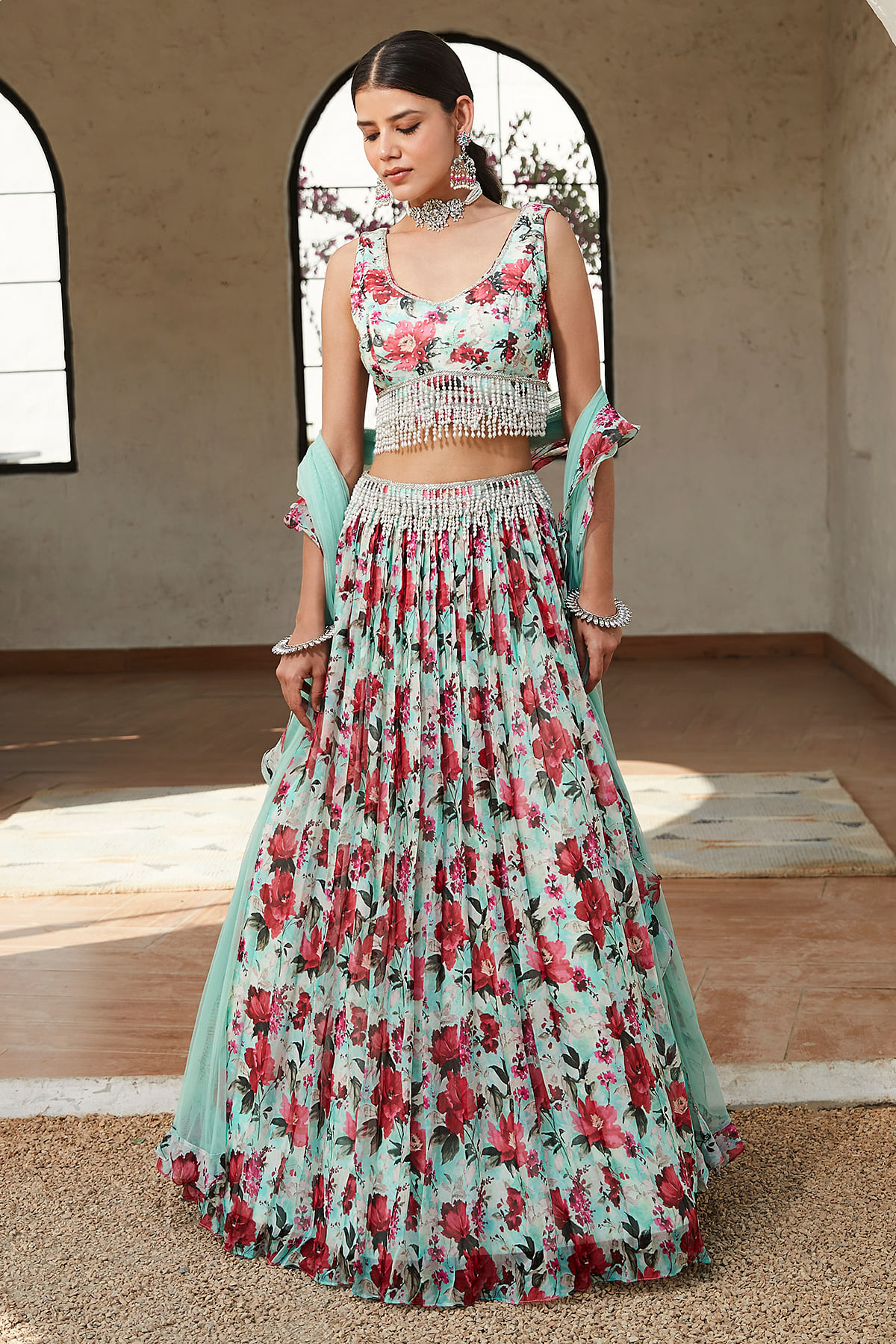 Buy a Parrot Green Silk Printed Lehenga Online on Rutbaa