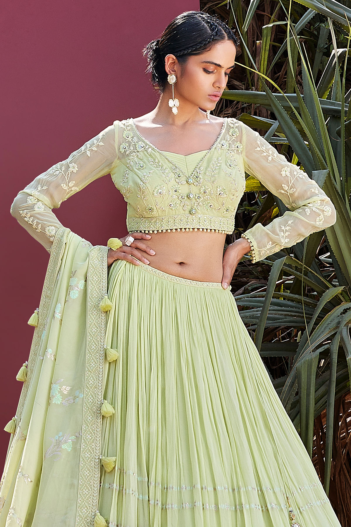 Light Pista Green Net With Embroidery & Sequins-Work Wedding-Wear Lehenga  Choli