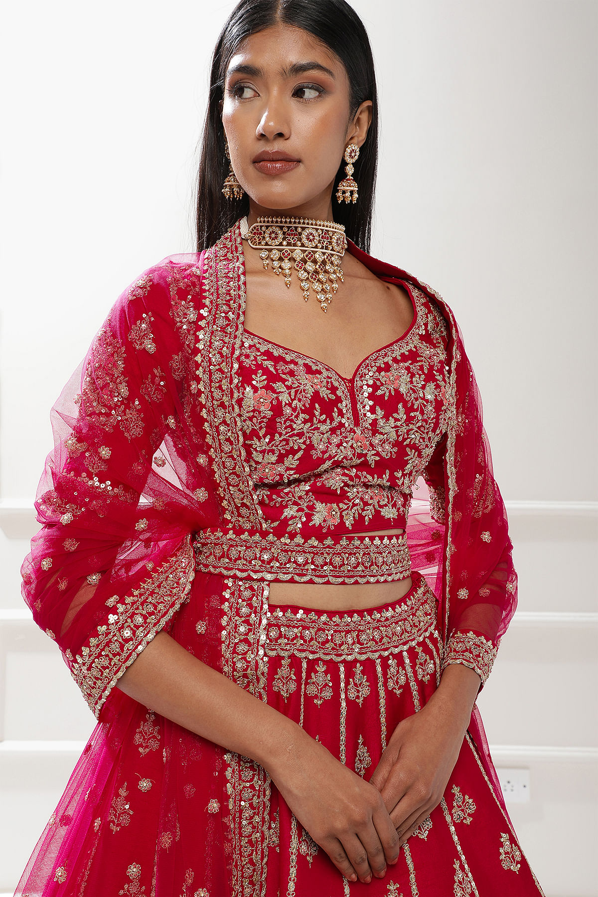 Buy Carmine Red Zari Embroidered Silk Bridal Lehenga Online at Samyakk