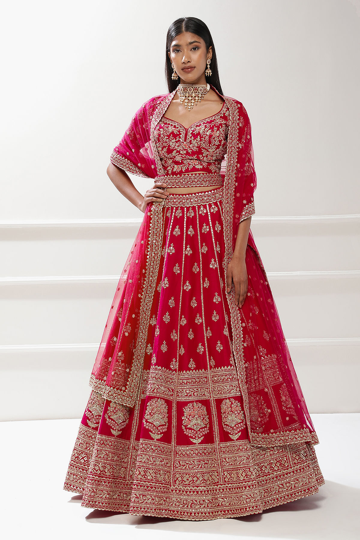 Buy Carmine Red Zari Embroidered Silk Bridal Lehenga Online at Samyakk