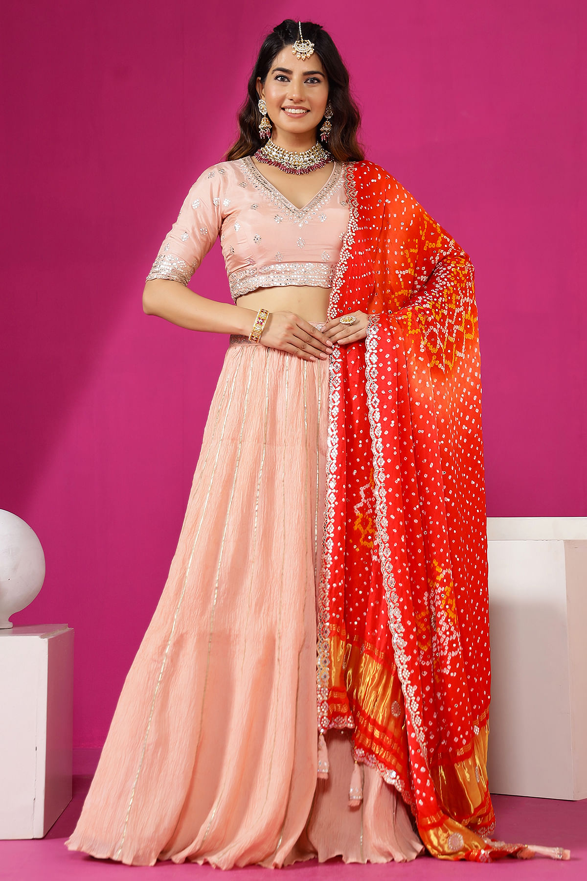 Peach Color Heavy Sequence Embroidered Georgette Party Wear Lehenga