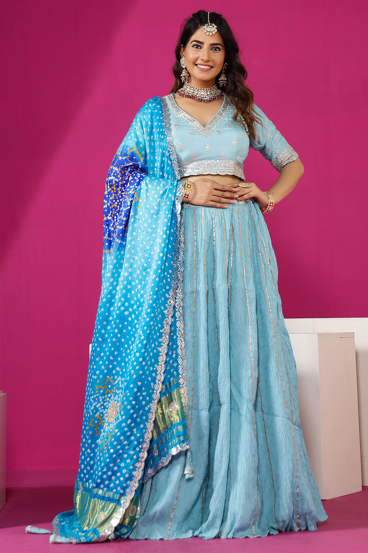 Buy Sky Blue Chinnon Party Wear Sparkle Ready To Wear Lehenga Choli Online  From Wholesale Salwar.