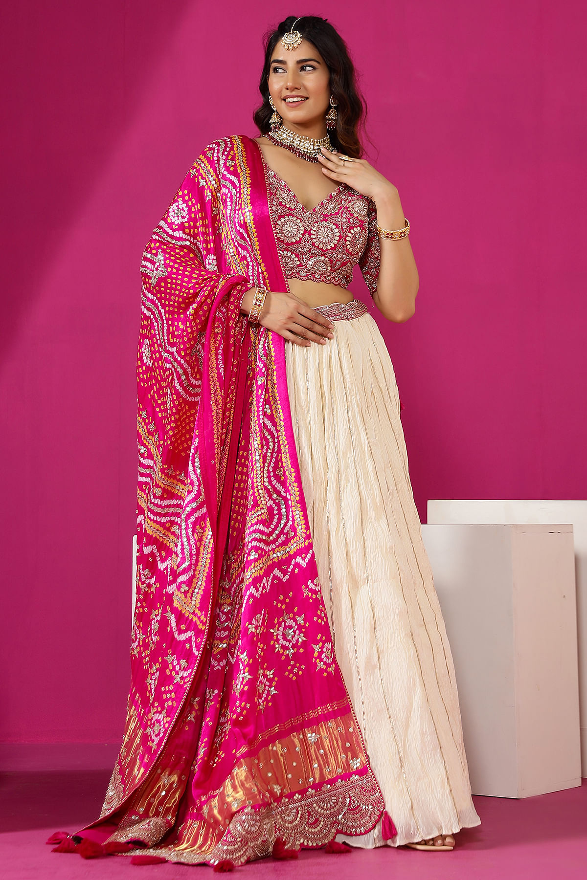 Buy Bridal Lehenga Choli - Heavy Viscose Cream & Pink Lehenga Choli –  Empress Clothing