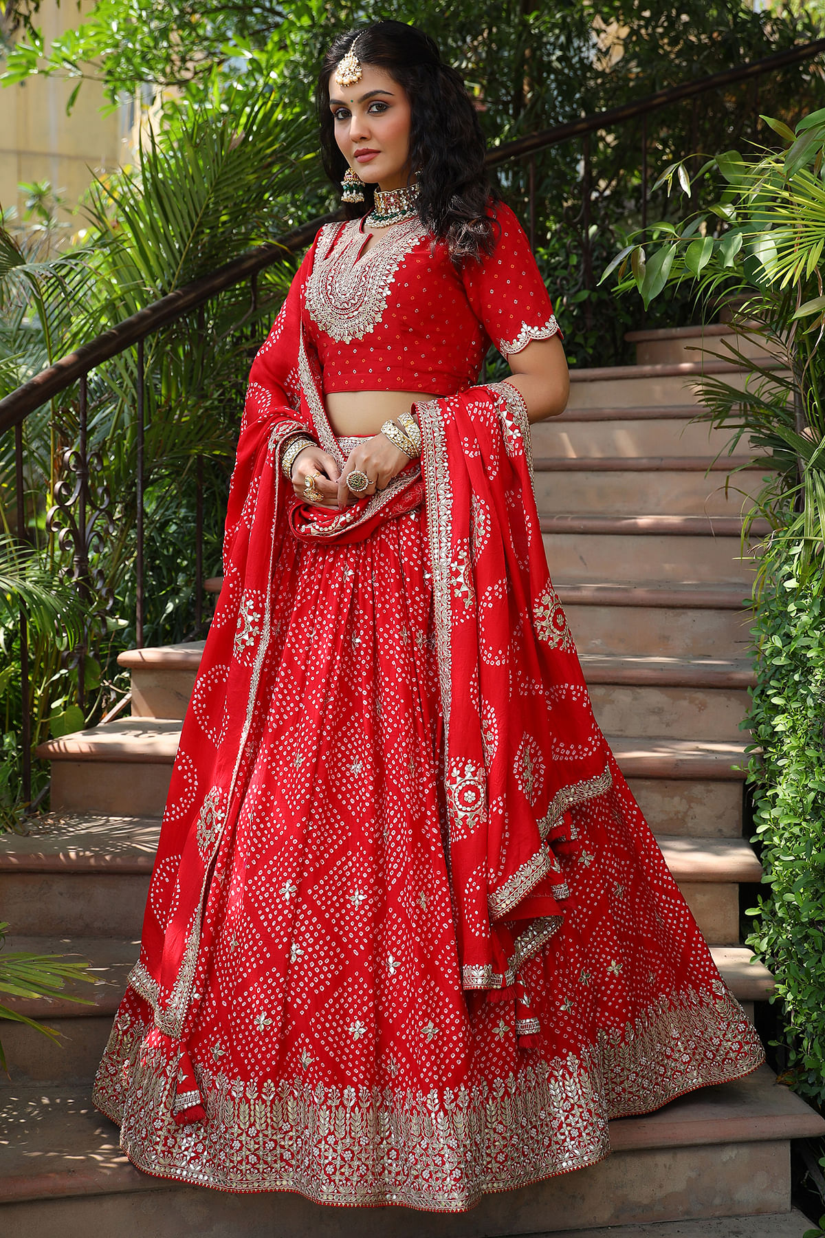 Crimson Red Bandhani Printed Gajji Silk Bridal Lehenga Online at Samyakk