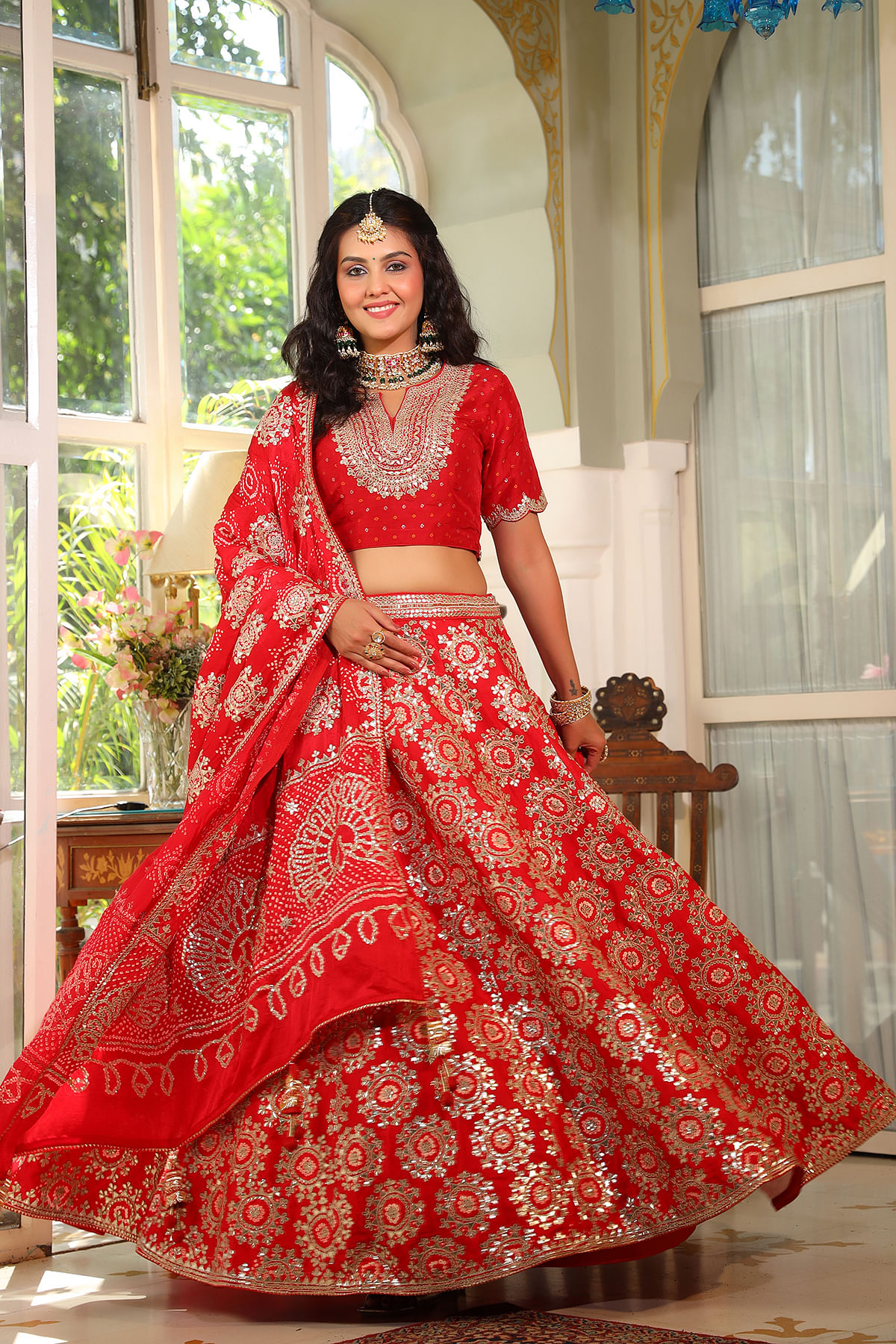 Poppy-Red Net Designer Lehenga Choli with Floral Butta Thread-Pearl  Embroidery and Dupatta | Exotic India Art