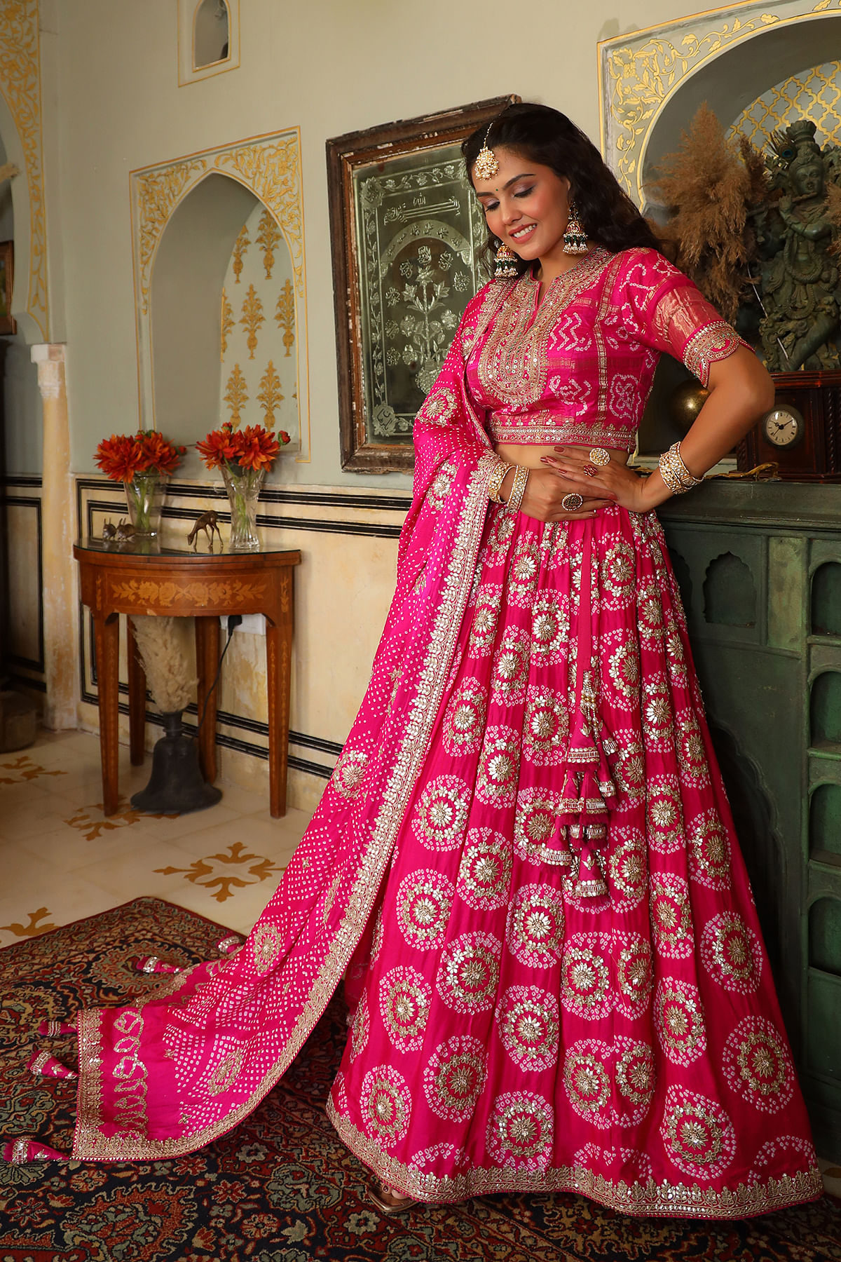 Buy Women's Ark Silk Bandhej Lehenga with Gota Patti Work with Dupatta with  Dupion Blouse (NPL-2031, Peach with Pink, Free Size) at Amazon.in
