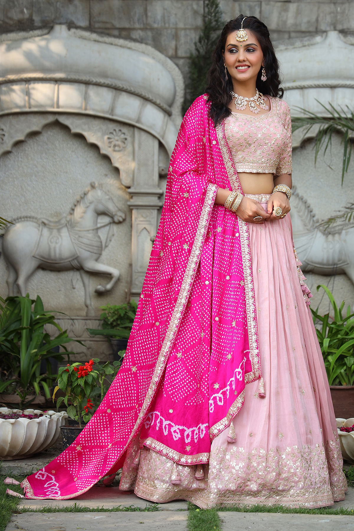 Hot Pink Bridal Lehenga in Raw Silk Intricately Ornated in  Aari-Beads-Sequins- Mirror with Bordered Net Dupatta - Aara Couture