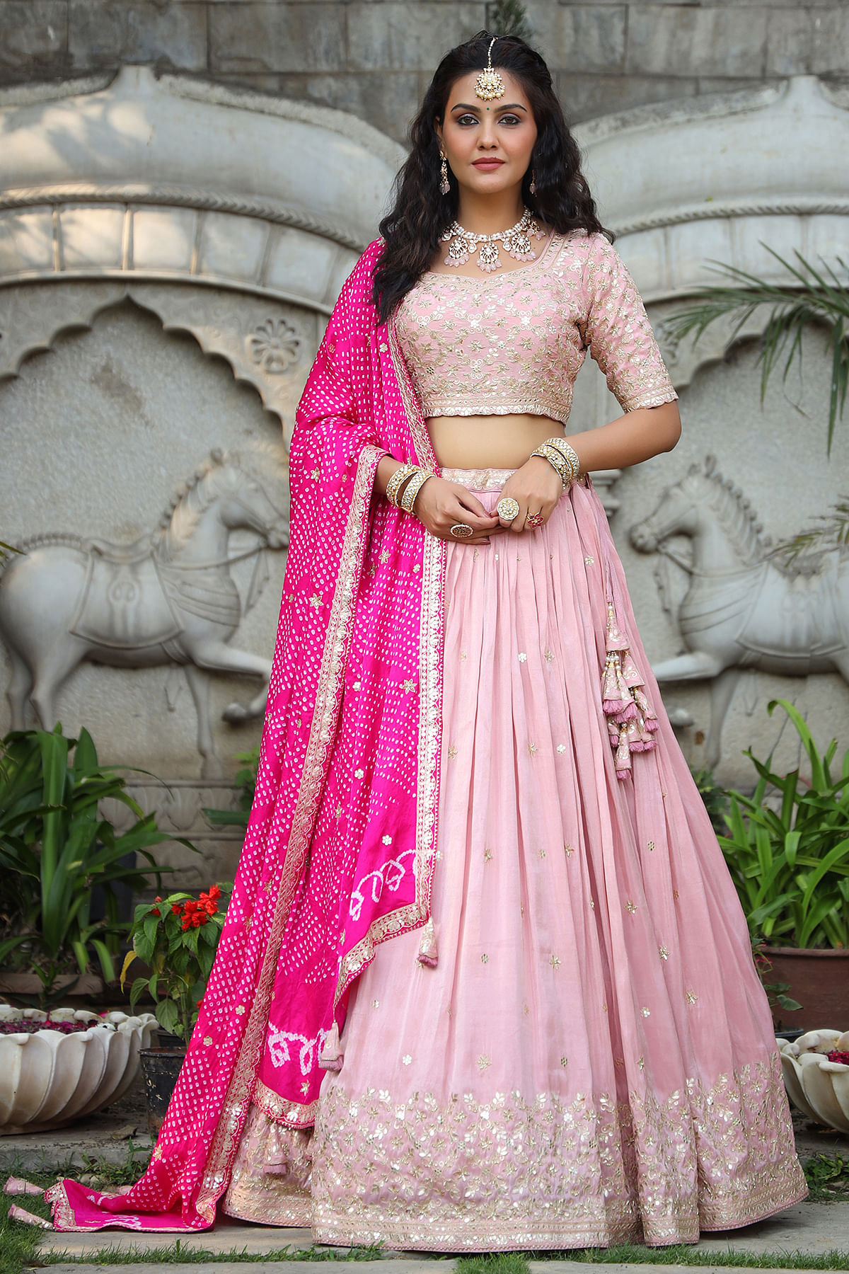 Buy Light Pink Drop Design Embellished Lehenga Paired with Jaal Embroidered  Blouse and Organza Dupatta by SVA BY SONAM & PARAS MODI at Ogaan Online  Shopping Site