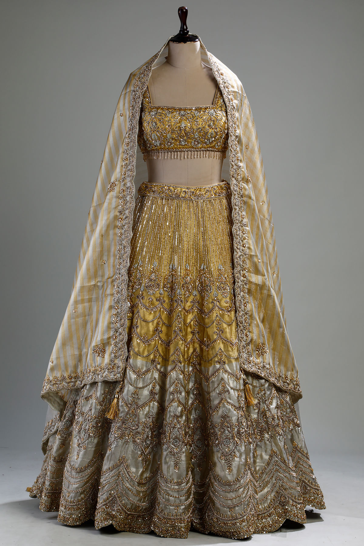 Gold and Grey Zardosi Embroidered Tissue Engagement Lehenga with Square Neck Blouse-GL1800