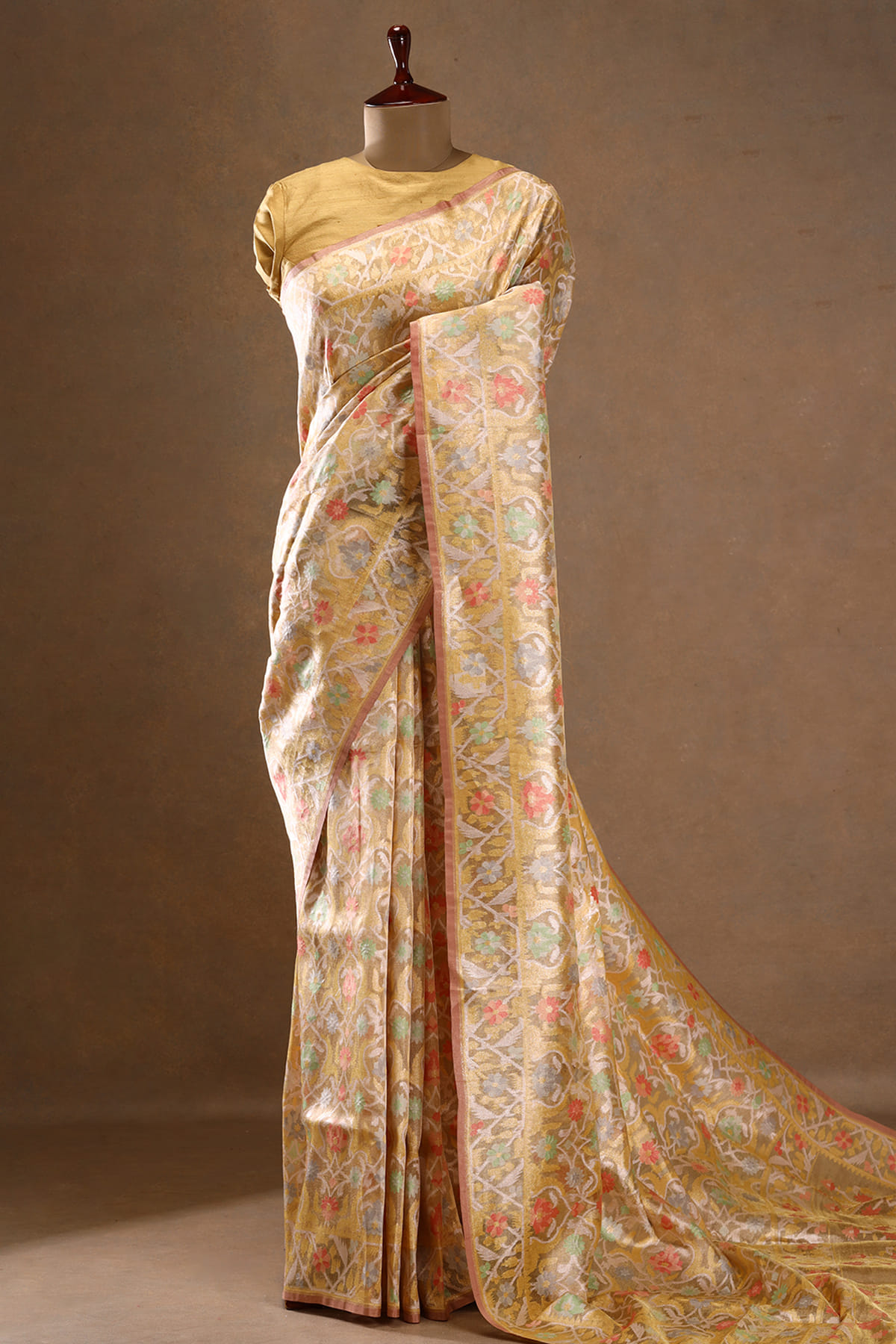 Gold Banarasi Tissue Saree with Unstitched Blouse-GK1807