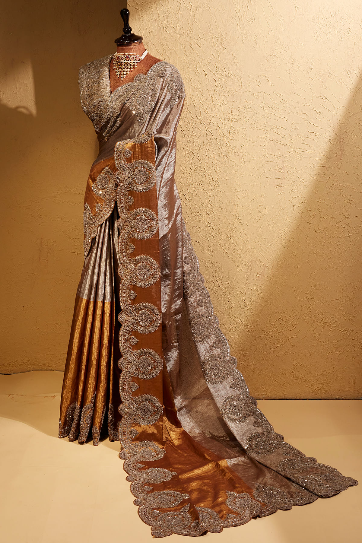 Gold & Grey Kanchipuram Tissue Saree
