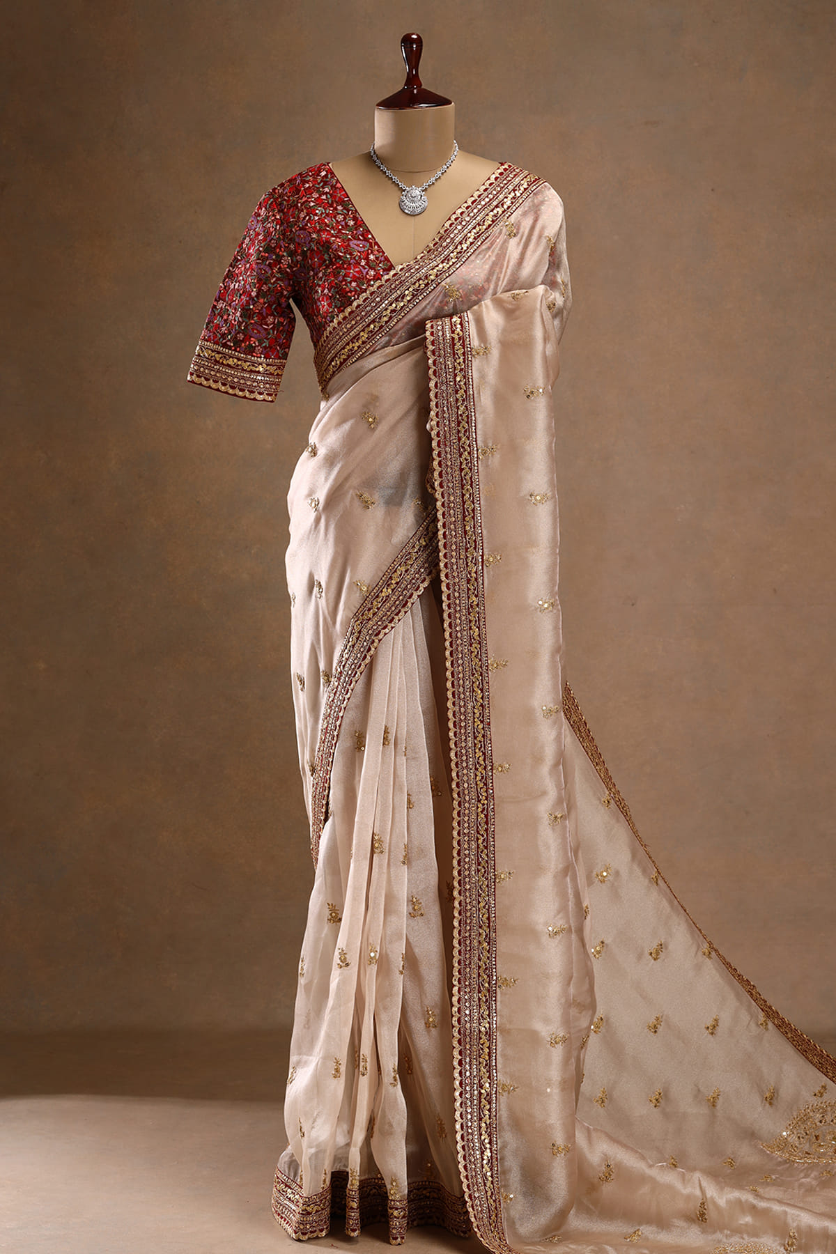 Women's Tissue Red Embellished Designer Saree With Blouse Piece